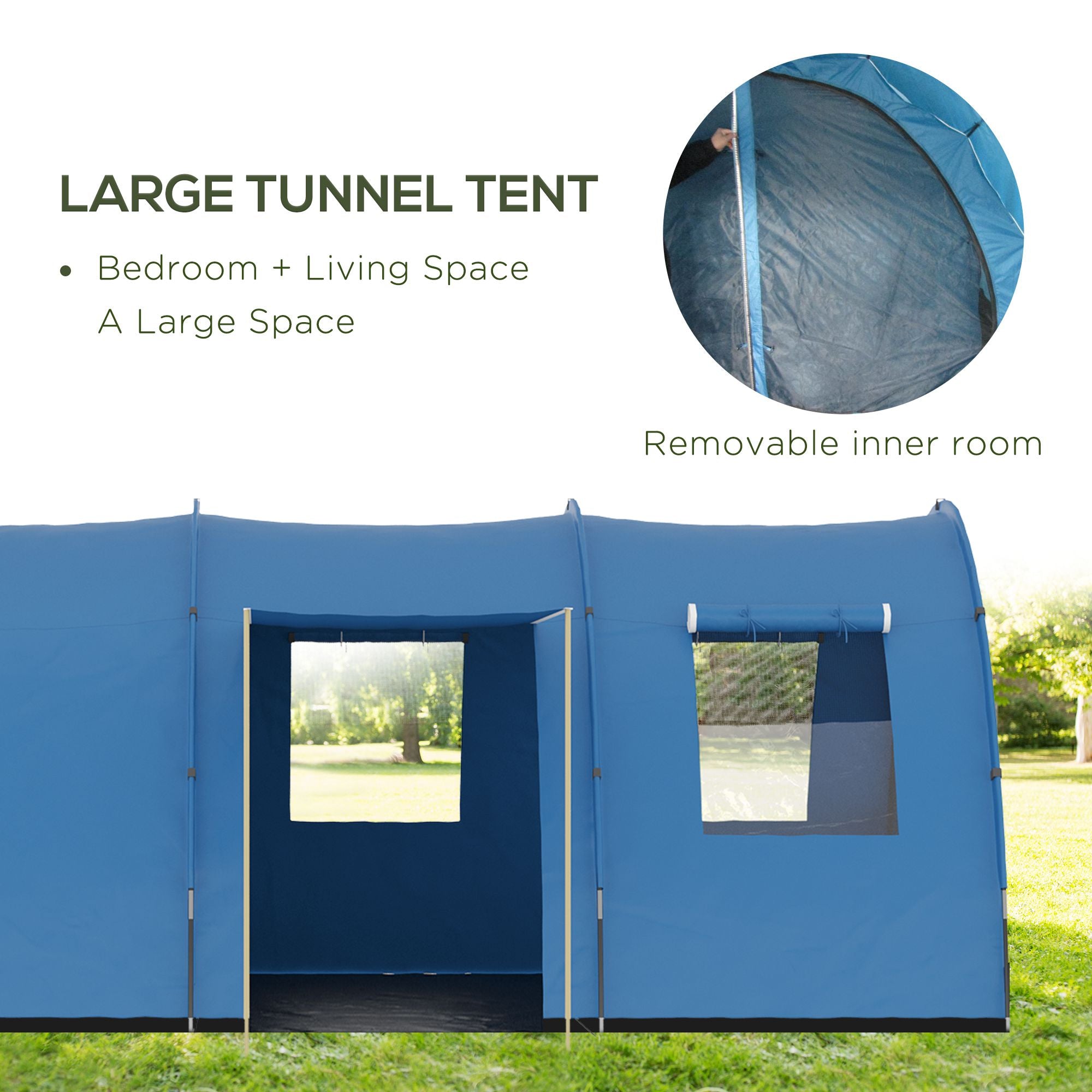 Outsunny 5-6 Man Tunnel Tent, Two Room Camping Tent with Floor, 2 Doors and Carry Bag, 2000mm Water Column for Fishing, Hiking, Sports, Festival - North Peak Garden Furniture