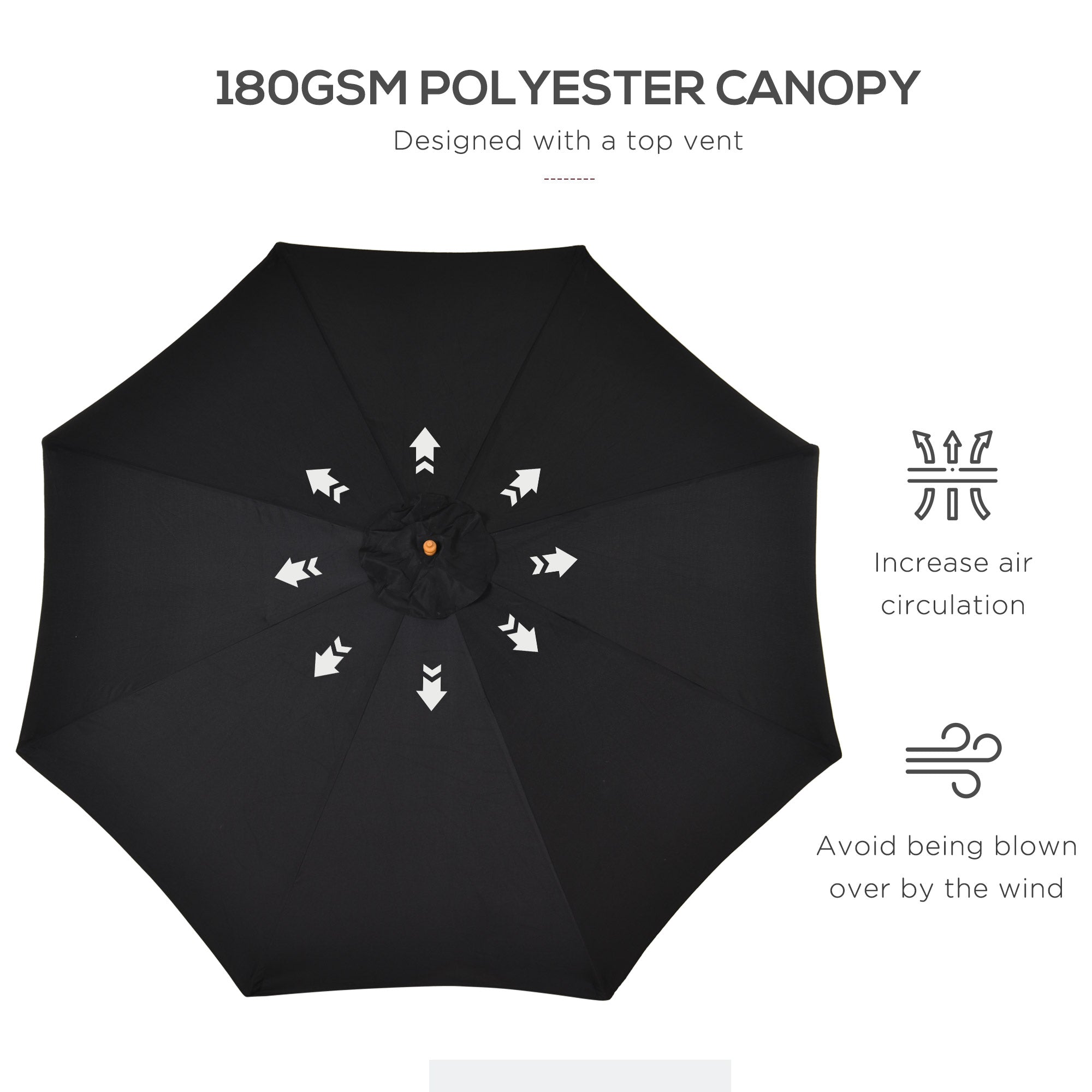 Outsunny 3(m) Garden Parasol, Pulley Operated Patio Umbrella, Wooden Table Market Umbrella with Rope Pulley Mechanism and 8 Ribs, Black - North Peak Garden Furniture