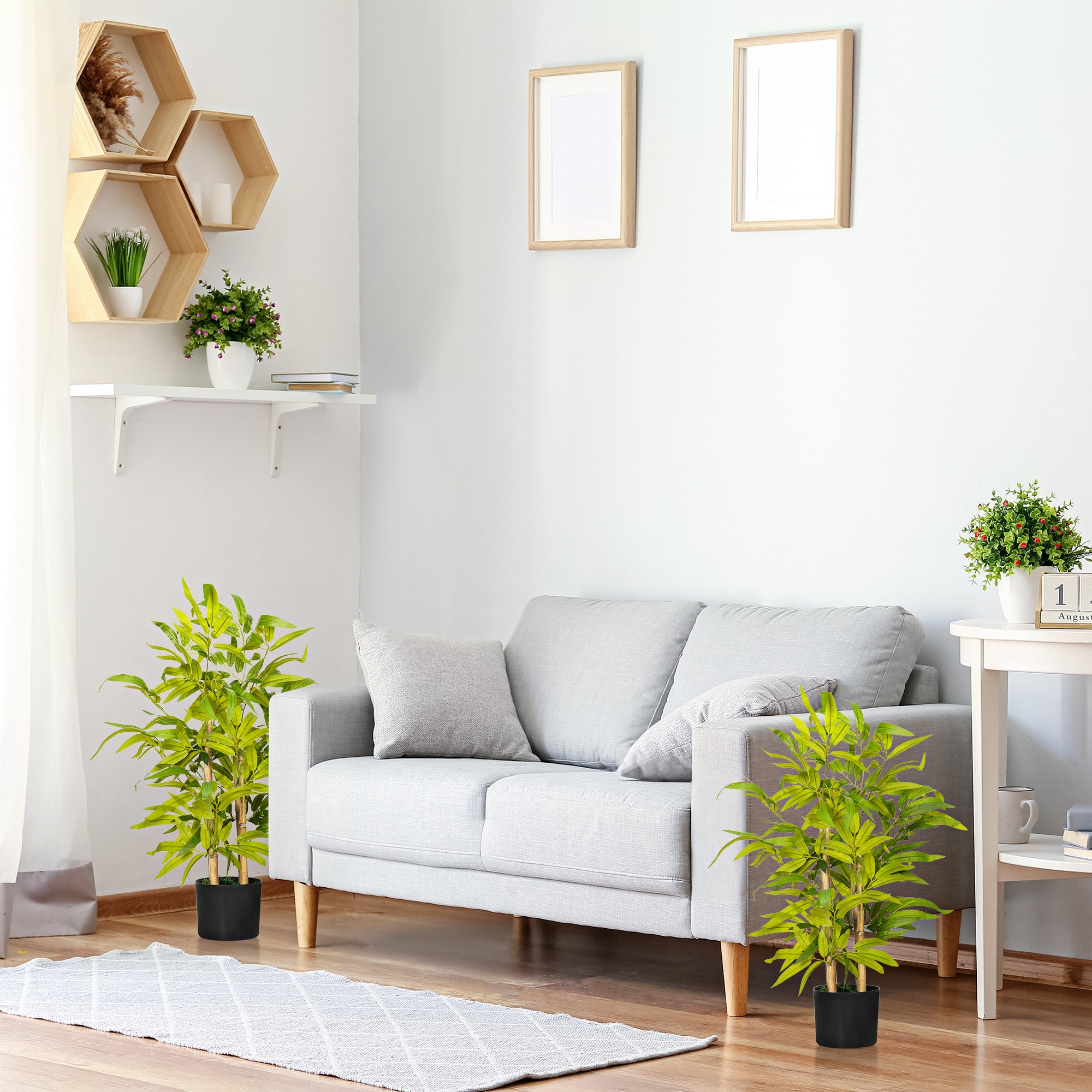 HOMCOM 2 PCs Artificial Plants Bamboo Tree in Pot Desk Fake Plants for Home Indoor Outdoor Decor, 15x15x60cm, Green - North Peak Garden Furniture