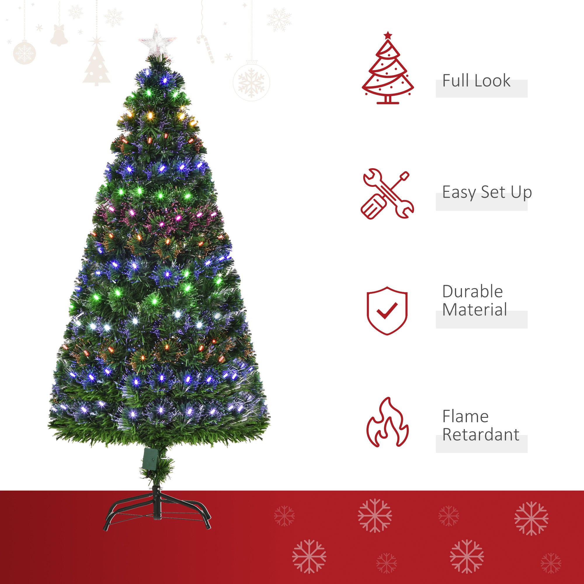 HOMCOM 5FT Pre-Lit Artificial Christmas Tree w/ Lights Star Topper Metal Base Home Seasonal Decoration - North Peak Garden Furniture