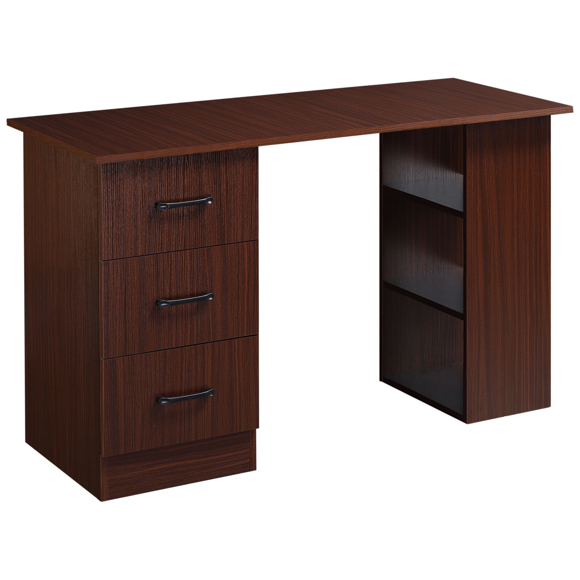 HOMCOM Computer Desk, Writing Table, PC Workstation with 3 Storage Shelves and Drawers, Black Handle, for Home Office, Walnut Brown - North Peak Garden Furniture