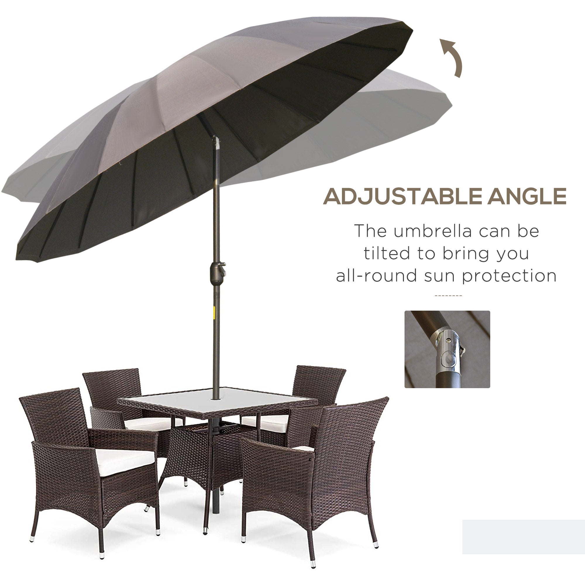 Outsunny 2.5m Shanghai Garden Parasol Umbrella with Crank & Tilt, Adjustable Outdoor Sun Shade, Grey - North Peak Garden Furniture