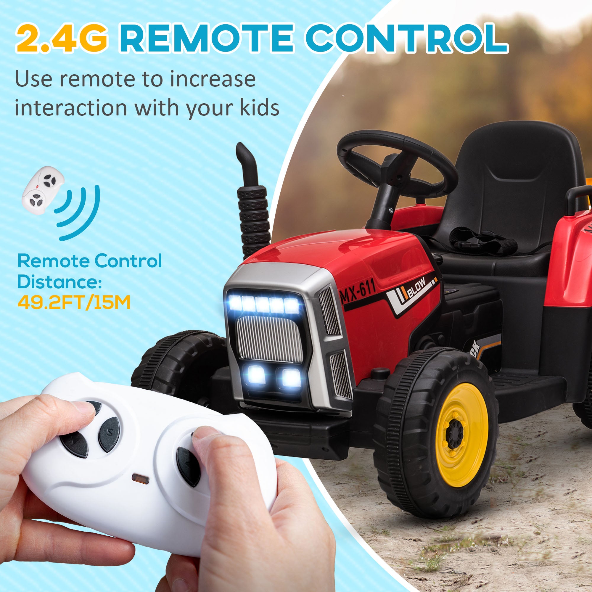 HOMCOM Ride On Tractor, Battery Powered Electric Car, with Detachable Trailer, Remote Control, Music - Red - North Peak Garden Furniture