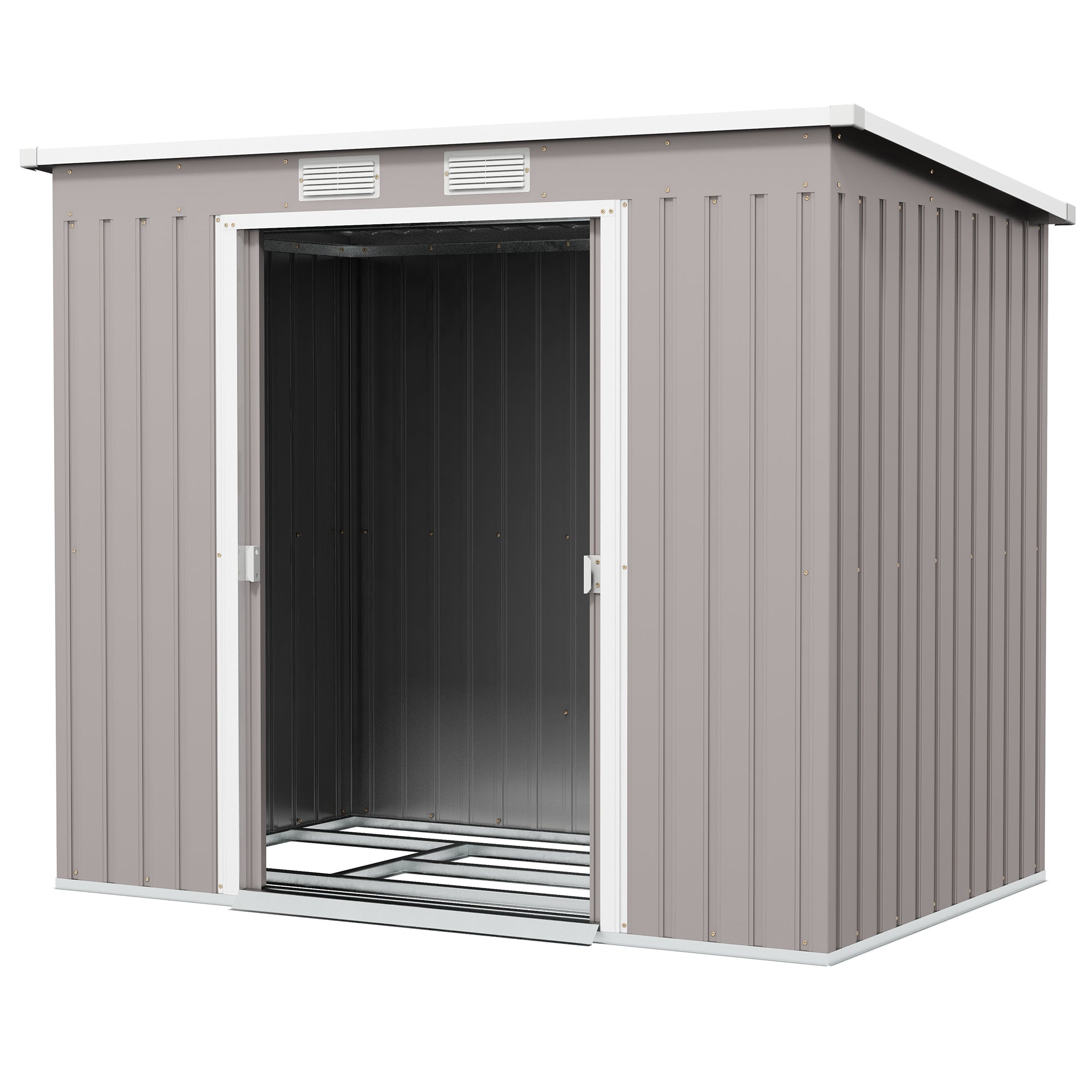 Outsunny Outdoor Lean to Garden Metal Equipment Tool Storage Shed w/ Foundation Kit, Double Door, Vents and Sloped Roof, Grey