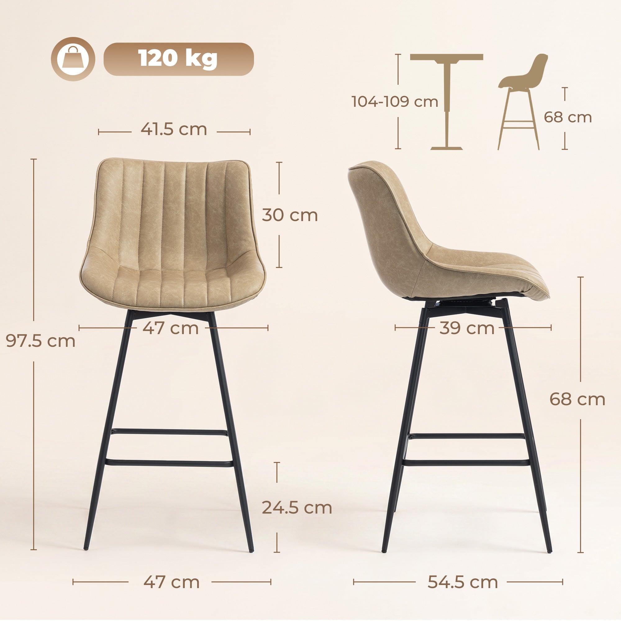 HOMCOM Set of 2 PU Leather Swivel Bar Stools - Light Brown