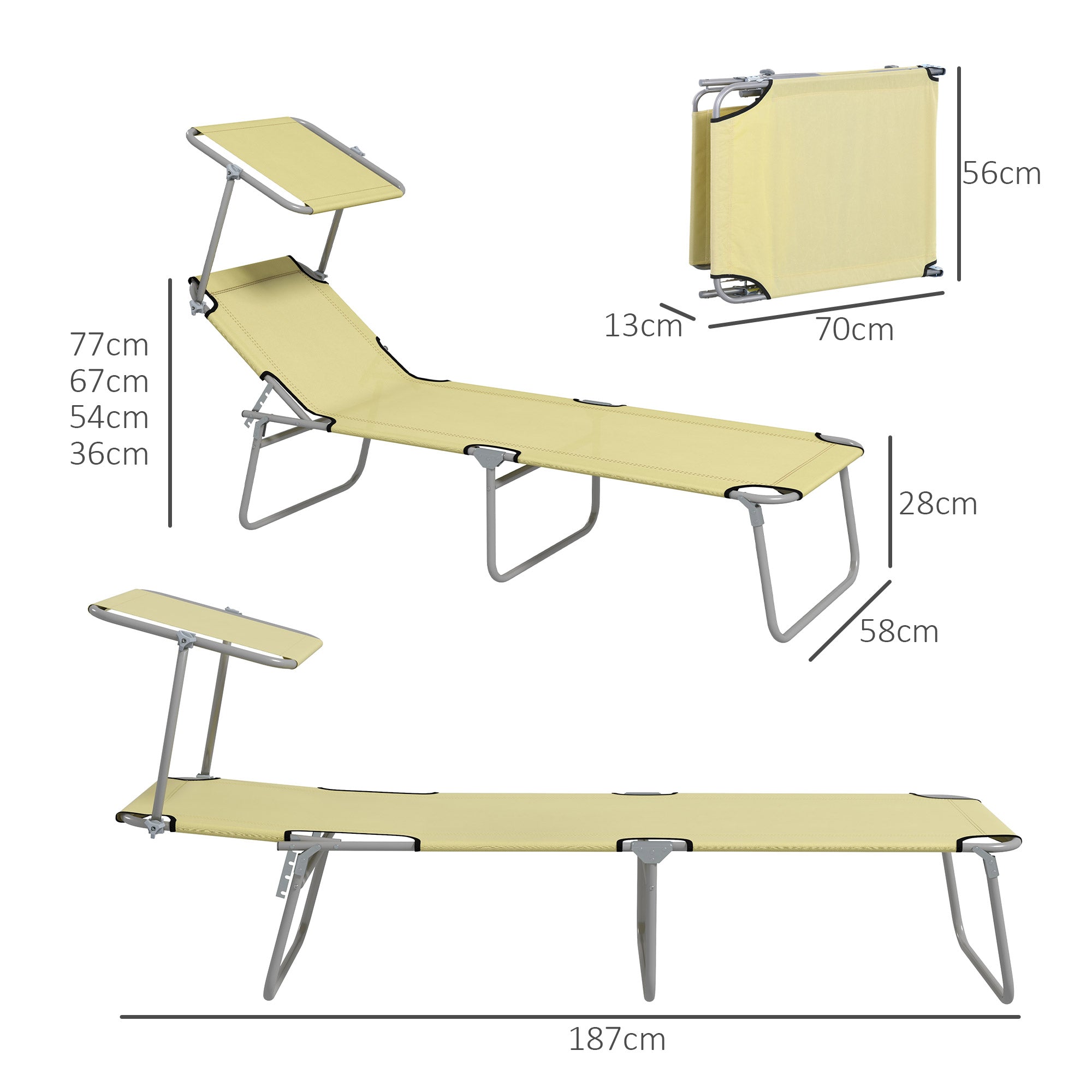 Outsunny Outdoor Foldable Sun Lounger Set of 2, 4 Level Adjustable Backrest Reclining Sun Lounger Chair with Angle Adjust Sun Shade Awning for Beach, Garden, Patio, Beige