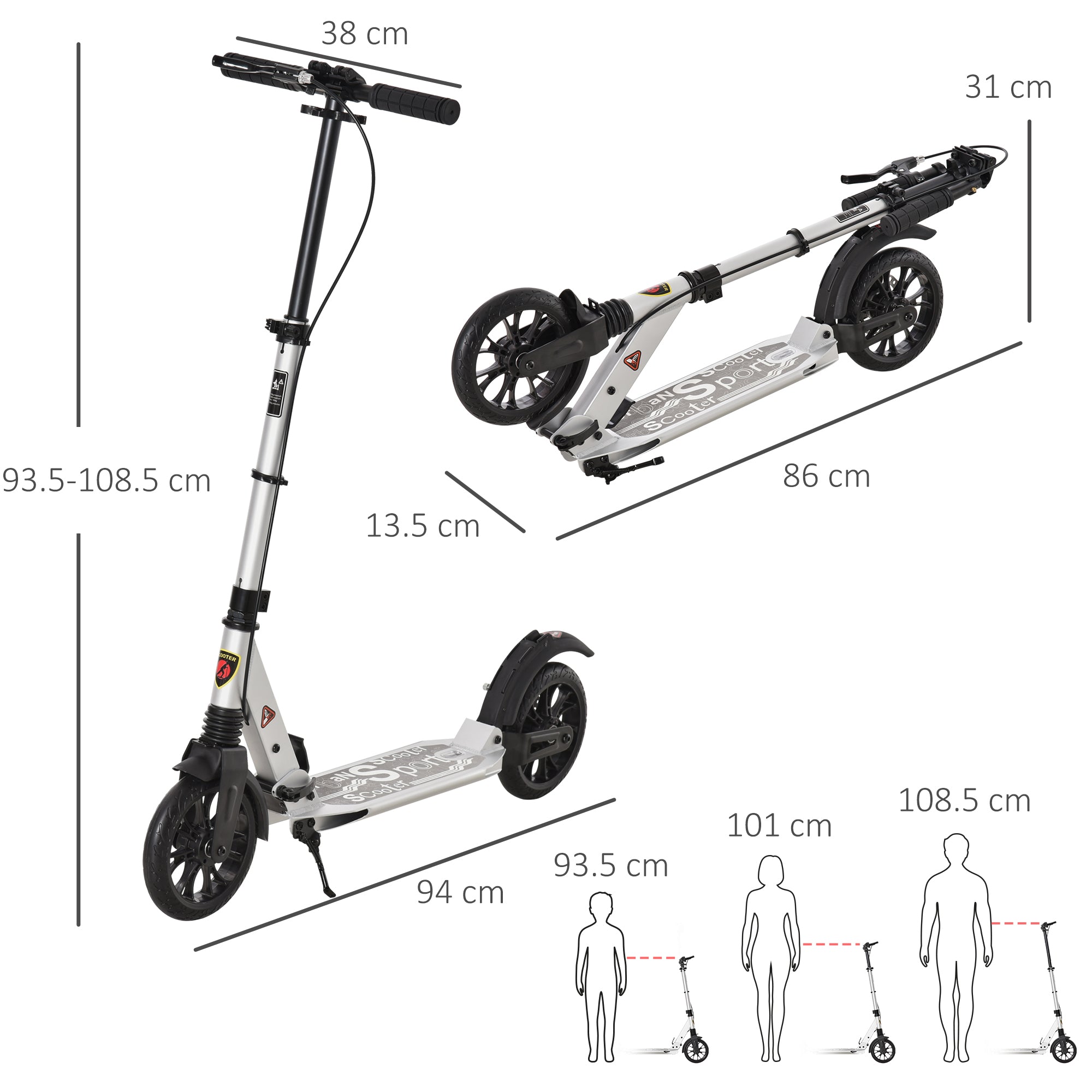 HOMCOM Adult Teens Kick Scooter Foldable Height Adjustable Aluminum Ride On Toy for 14+ with Rear Wheel & Hand Brake, Shock Mitigation System - Silver