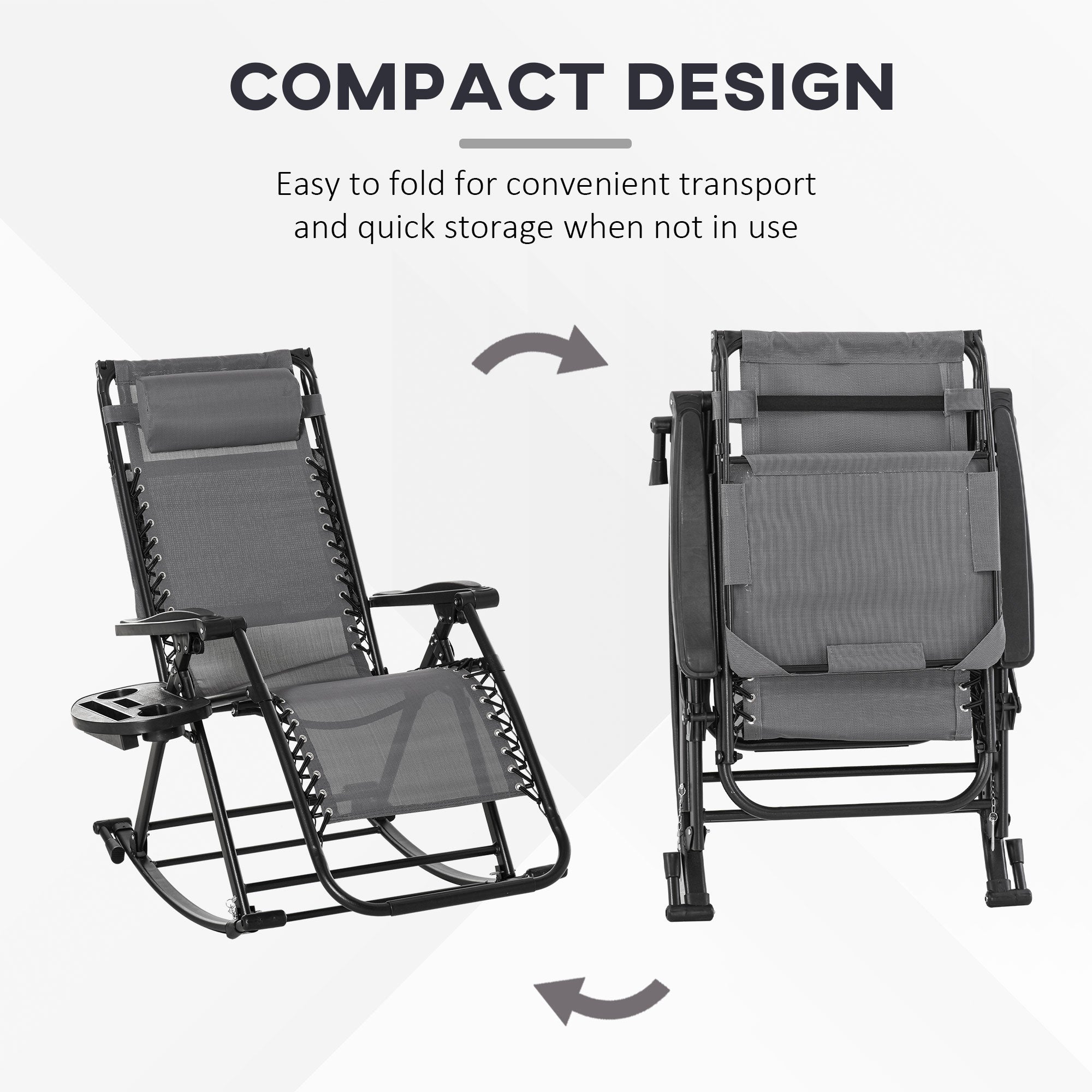 Outsunny Garden Rocking Chair Folding Recliner Outdoor Adjustable Sun Lounger Rocker Zero-Gravity Seat with Headrest Side Holder Patio Deck - Grey - North Peak Garden Furniture
