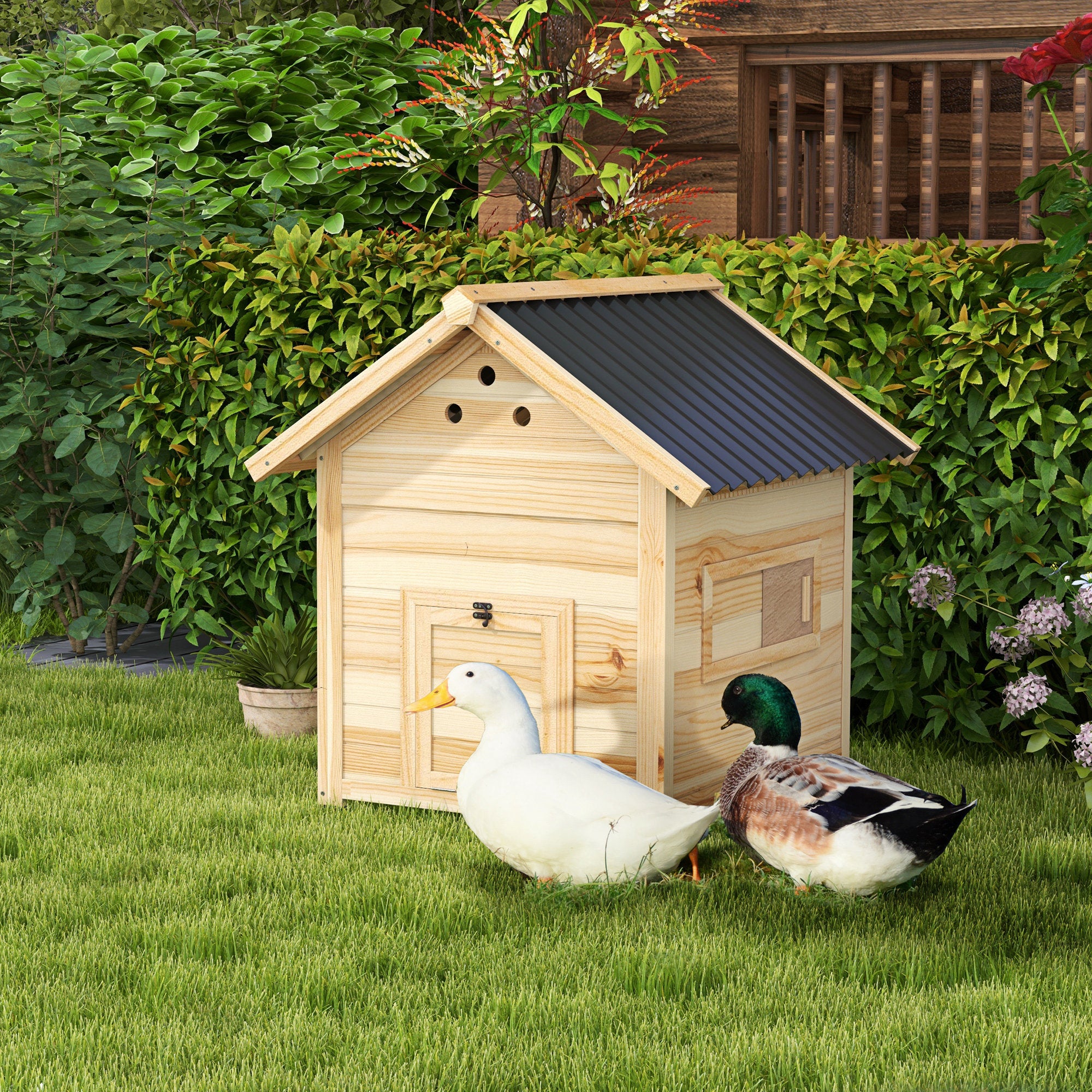 PawHut Wooden Duck House with Double Doors, Openable Roof, Ventilation Holes, Removable Base, Natural Wood Finish - North Peak Garden Furniture