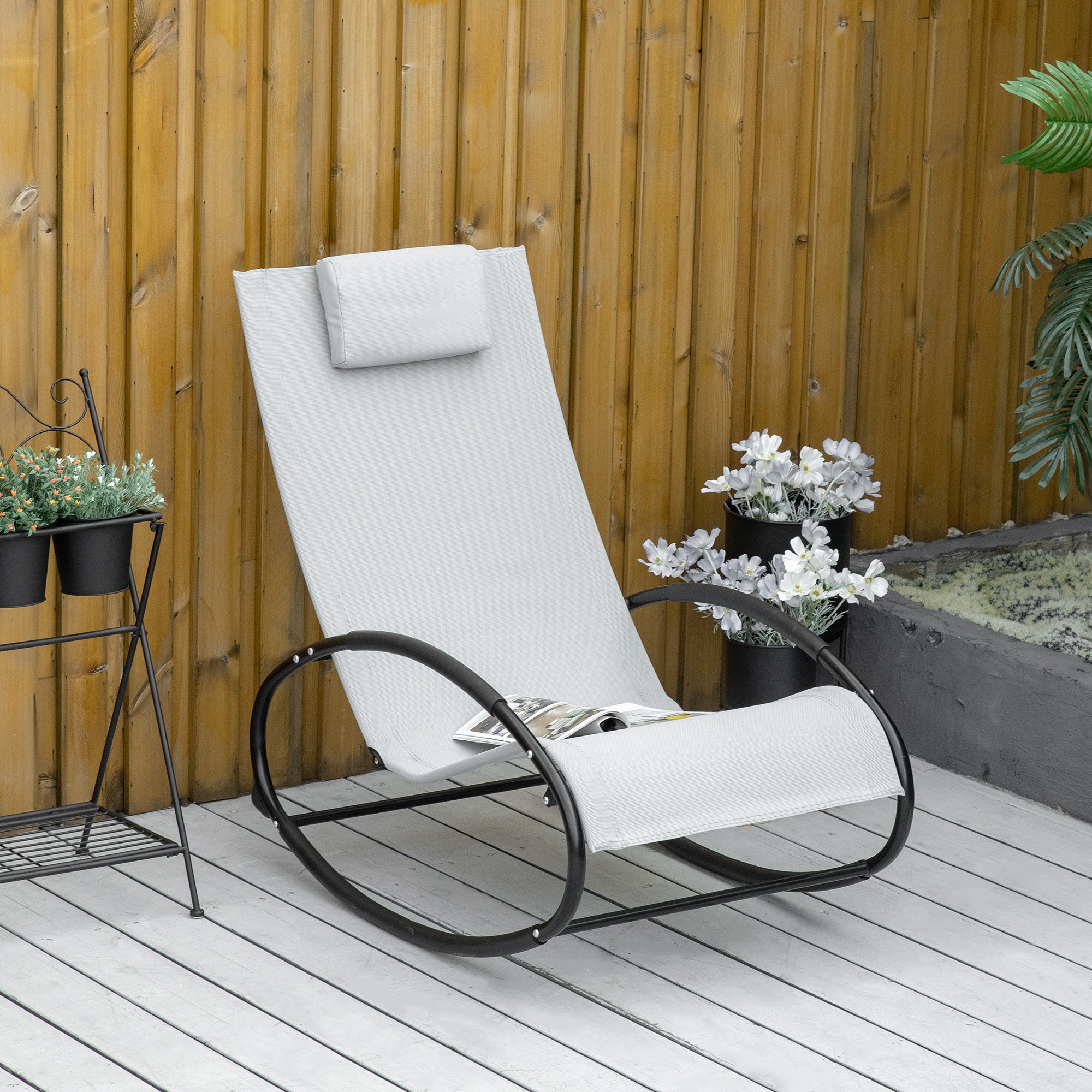 Outsunny Outdoor Rocking Chair Sun Lounger Recliner Rocker with Texteline Fabric Patio Garden Relaxer with Pillow Grey