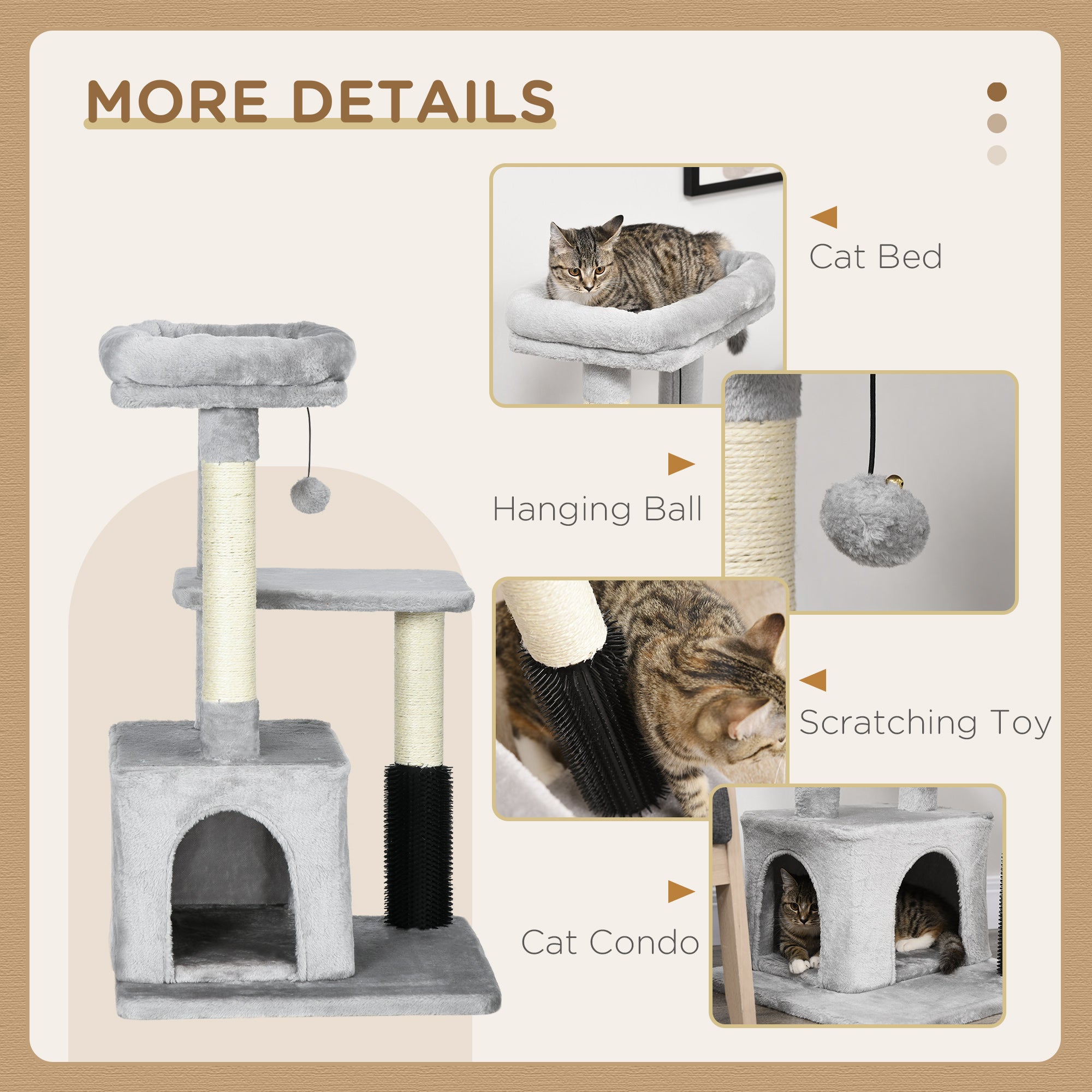 PawHut Cat Tree for Indoor Cats Climbing Tower Kitten Scratch Post Activity Center Kitten with Massage Toy Hanging Ball Bed Condo Perch 48 x 48 x 85cm Grey