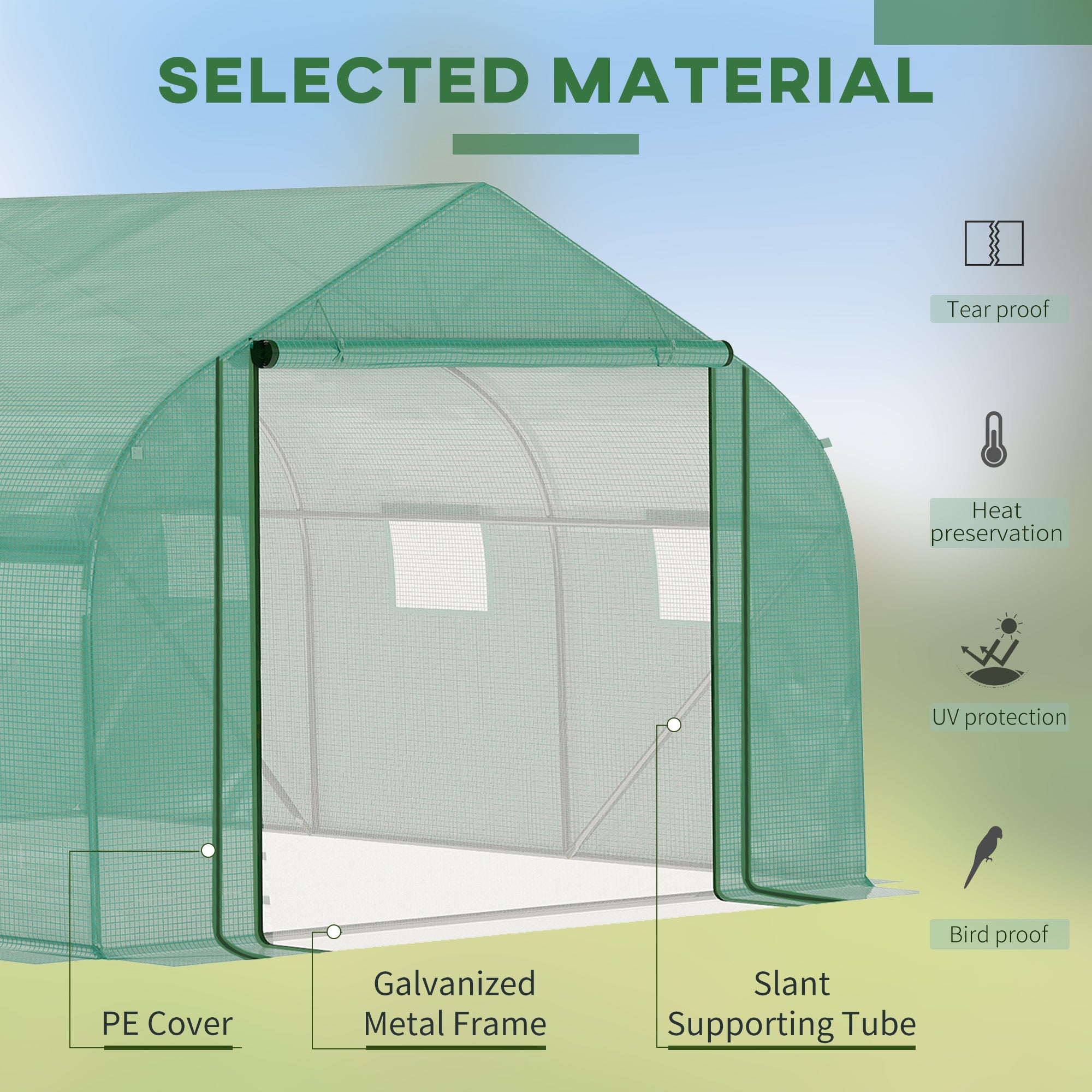 Outsunny Walk-in Polytunnel Garden Greenhouse, Outdoor Mesh Door Greenhouse with PE Cover and 6 Windows, 3.5 x 3 x 2m, Green