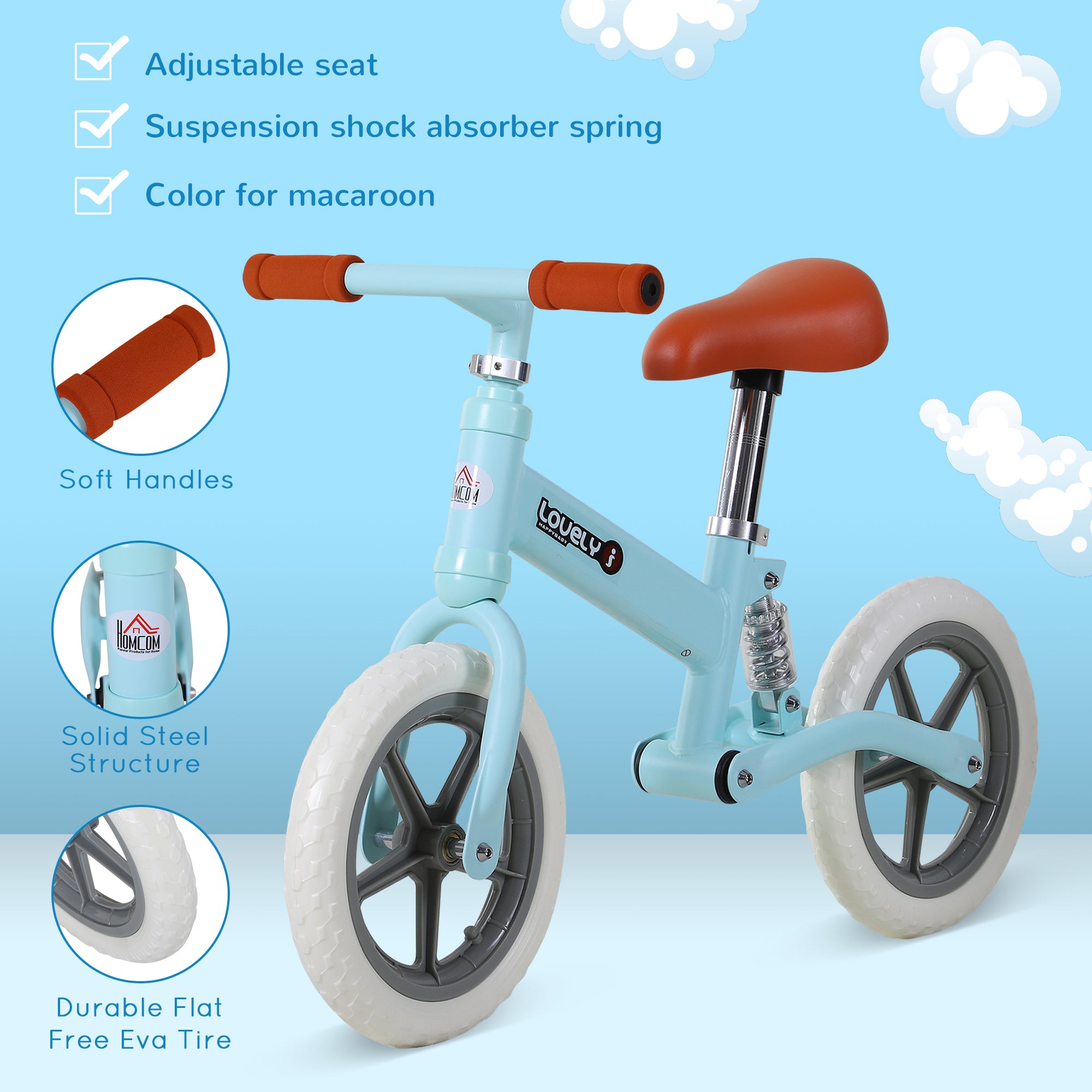 HOMCOM 12" Kids Balance Bike No Pedal Bicycle EVA Tire Adjustable Seat Toddler Training Bike W/ Shock Absorber 2 - 5 Years Gift for Boys Girls Blue