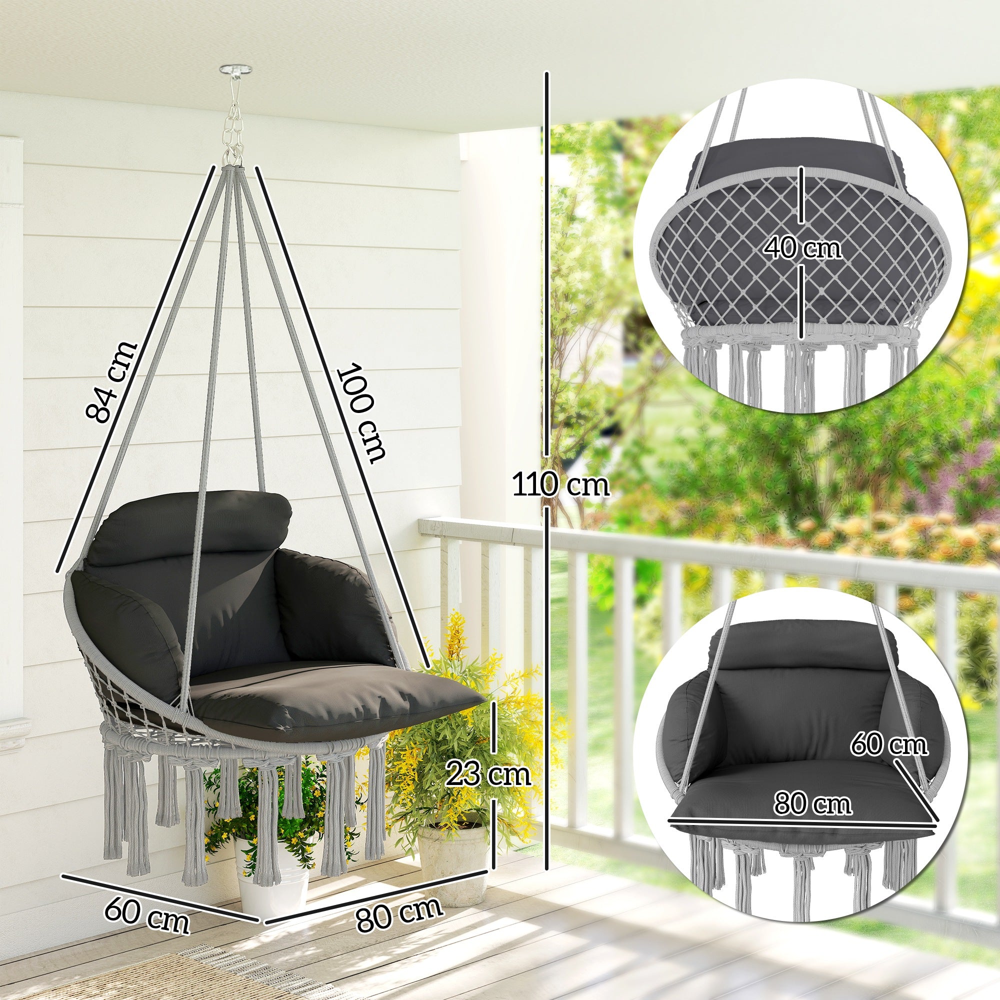 Outsunny Hanging Chair Outdoor Hammock Chair with Soft Cushion, Cotton Rope Boho Style Swing Chair, Hanging Garden Swing Seat for Indoor Outdoor, Dark Grey
