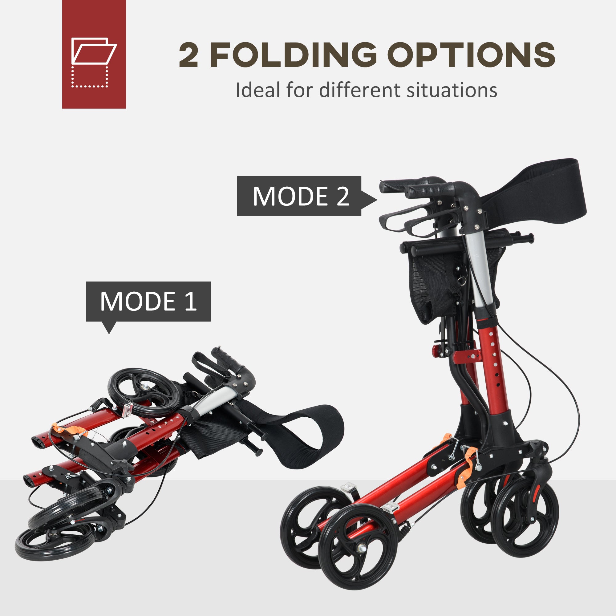 HOMCOM Folding Rollator Walker with Seat and Backrest, Lightweight Walking Frame with Detachable Storage Bag, Dual Brakes, Adjustable Handle Height, 4 Wheeled Walker for Seniors, Handicapped, Red