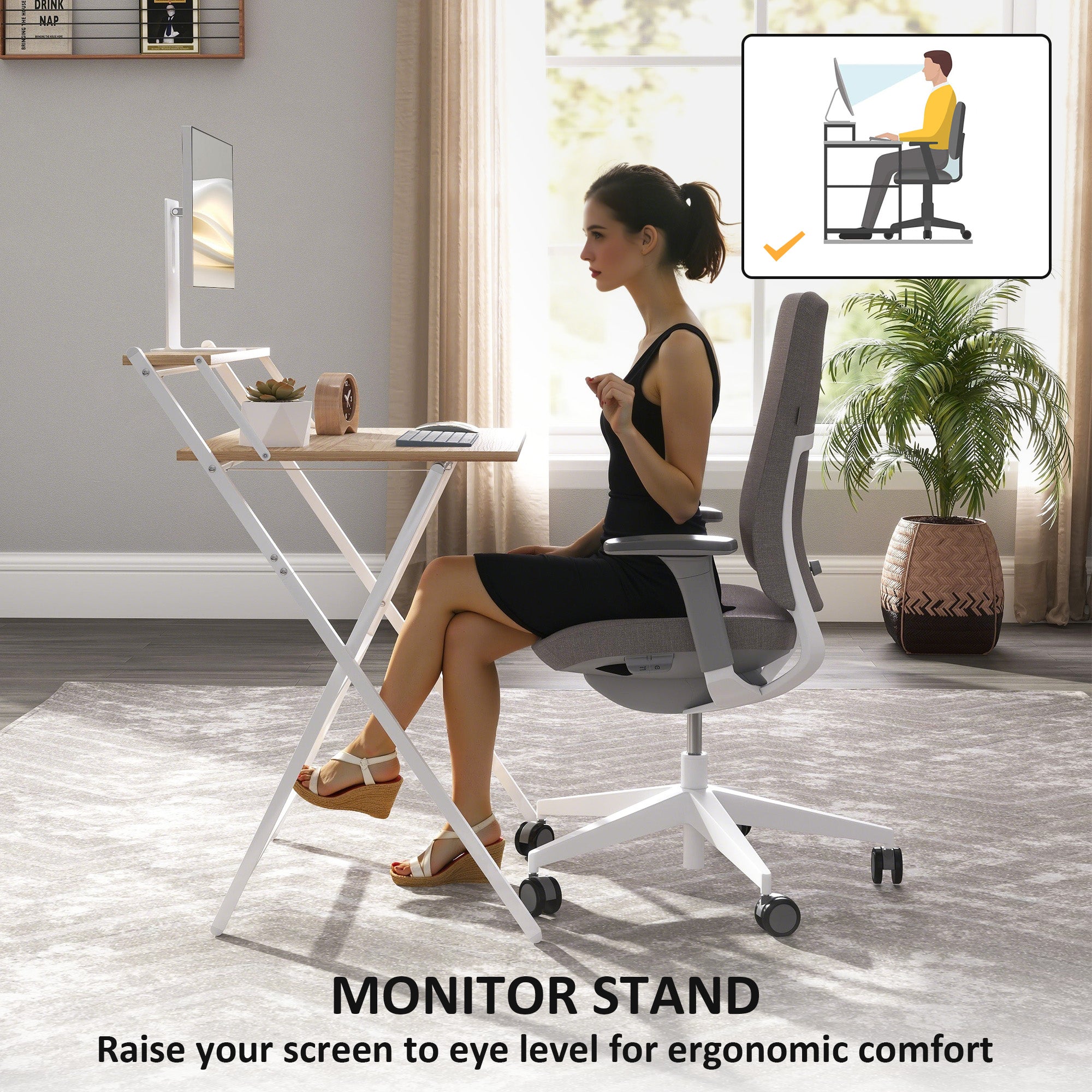 HOMCOM 70 cm Folding Computer Desk with Monitor Shelf - Natural Wood Finish - North Peak Garden Furniture