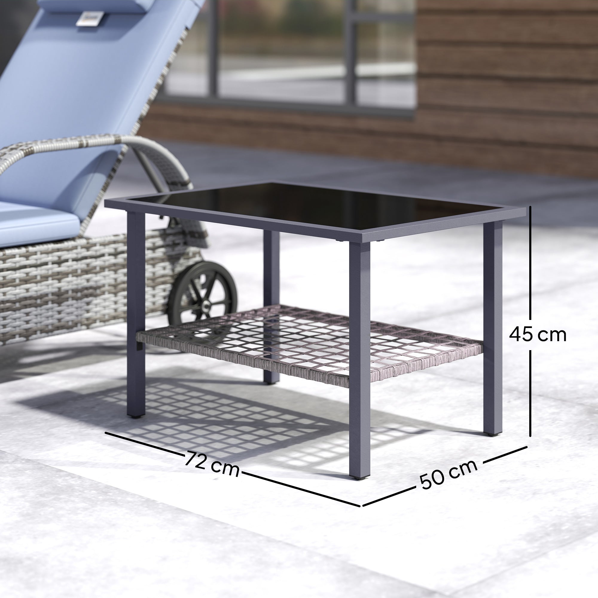 Outsunny Outdoor Rattan Coffee Table with Tempered Glass Top, Storage Shelf, Foot Pads, for Patio, Balcony, Mixed-grey - North Peak Garden Furniture