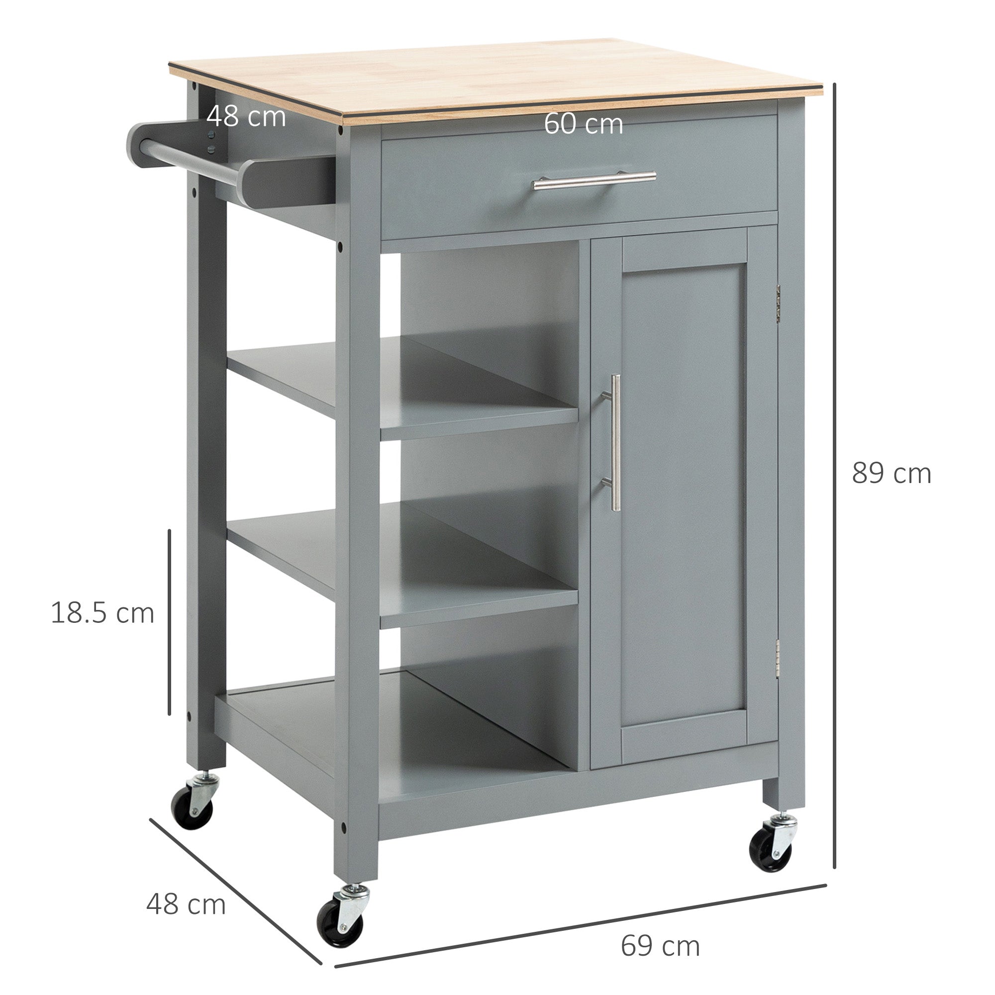 HOMCOM Compact Kitchen Trolley Utility Cart on Wheels with Open Shelf & Storage Drawer for Dining Room, Kitchen, Grey - North Peak Garden Furniture