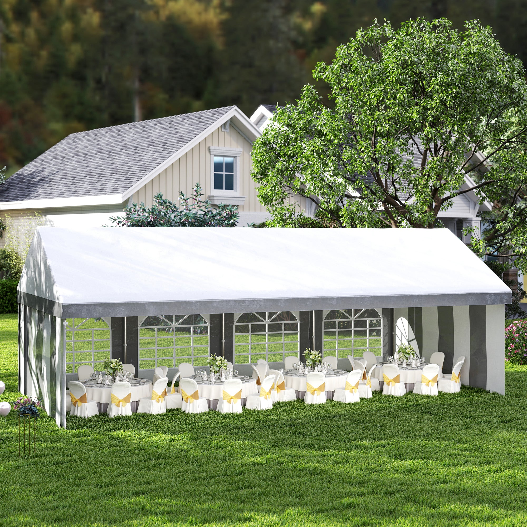 Outsunny 8 x 4m Galvanised Party Tent, Marquee Gazebo with Sides, Eight Windows and Double Doors, for Parties, Wedding and Events