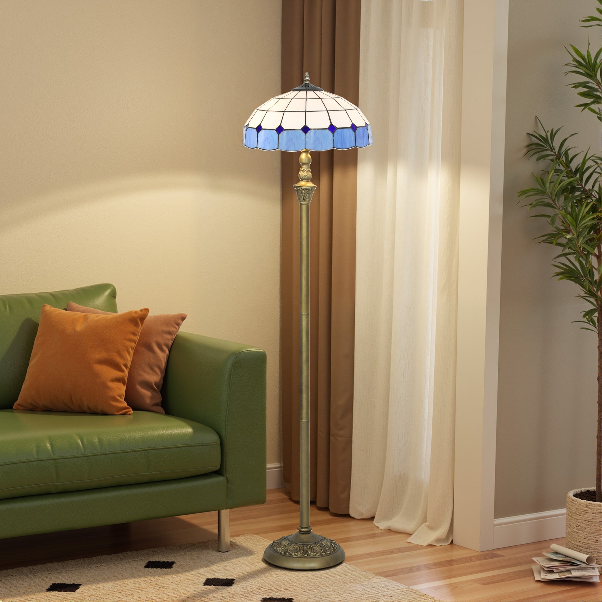 HOMCOM Tiffany-Style Floor Lamp with Handcrafted Stained Glass Shade, 152cm Tall Vintage Standing Lamp with Foot Switch and Dual Sockets for Living Room Bedroom, Bronze Tone and Blue