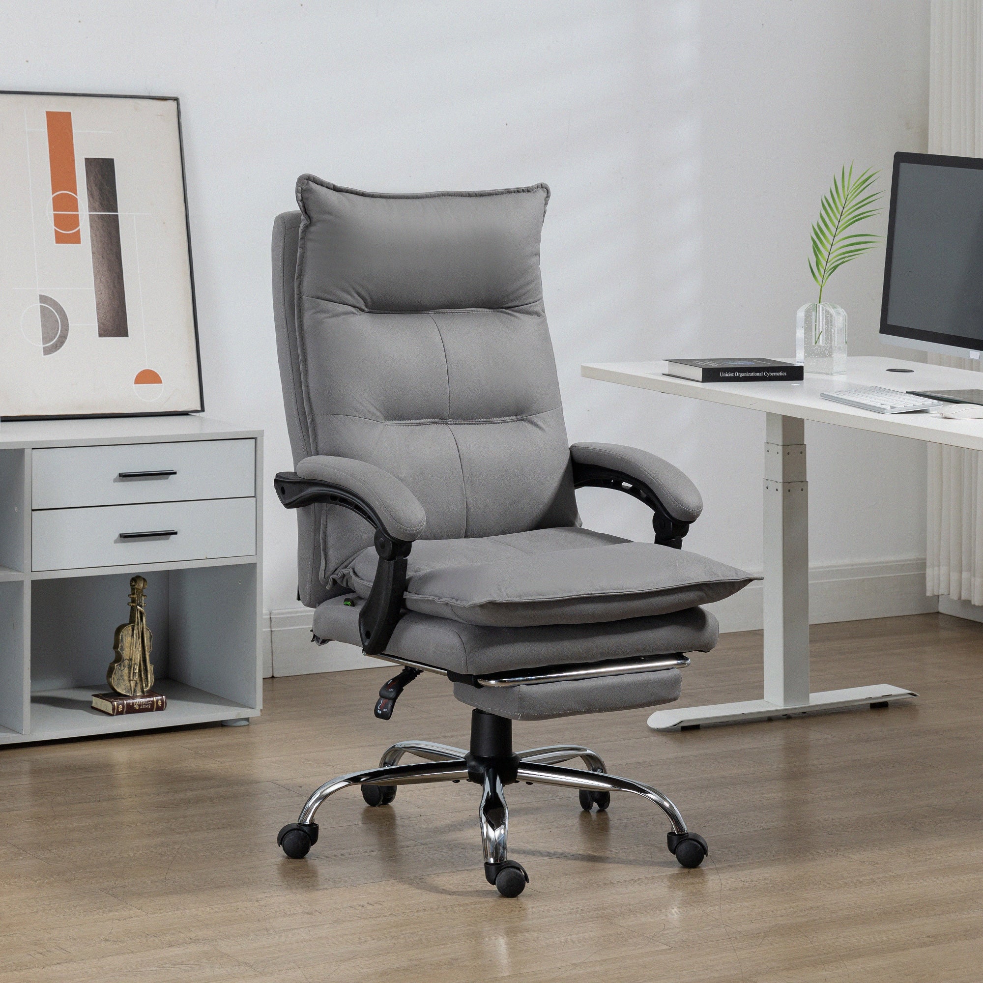 Vinsetto Massage Office Chair with Footrest, Desk Chair with 6 Point Massage and Heat, 155° Reclining Back for Home, Thick Padding, Grey - North Peak Garden Furniture