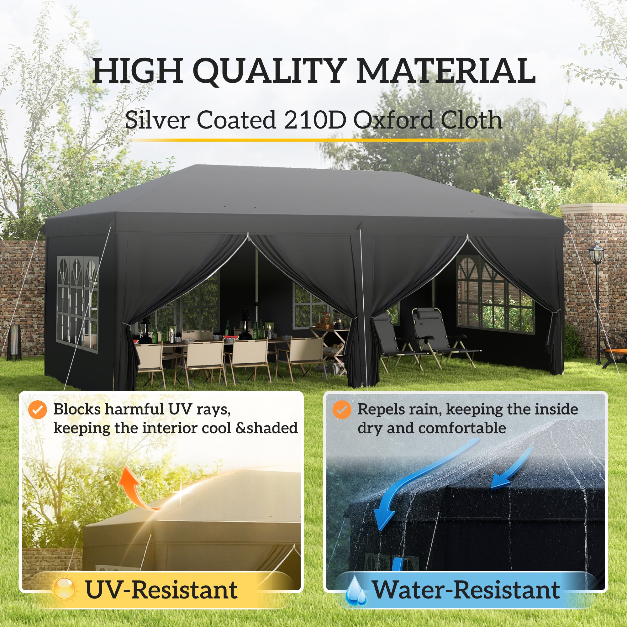 Outsunny 3 x 6 m Pop Up Gazebo with Sides and Windows, Height Adjustable Party Tent with Storage Bag for Garden, Camping, Event, Black
