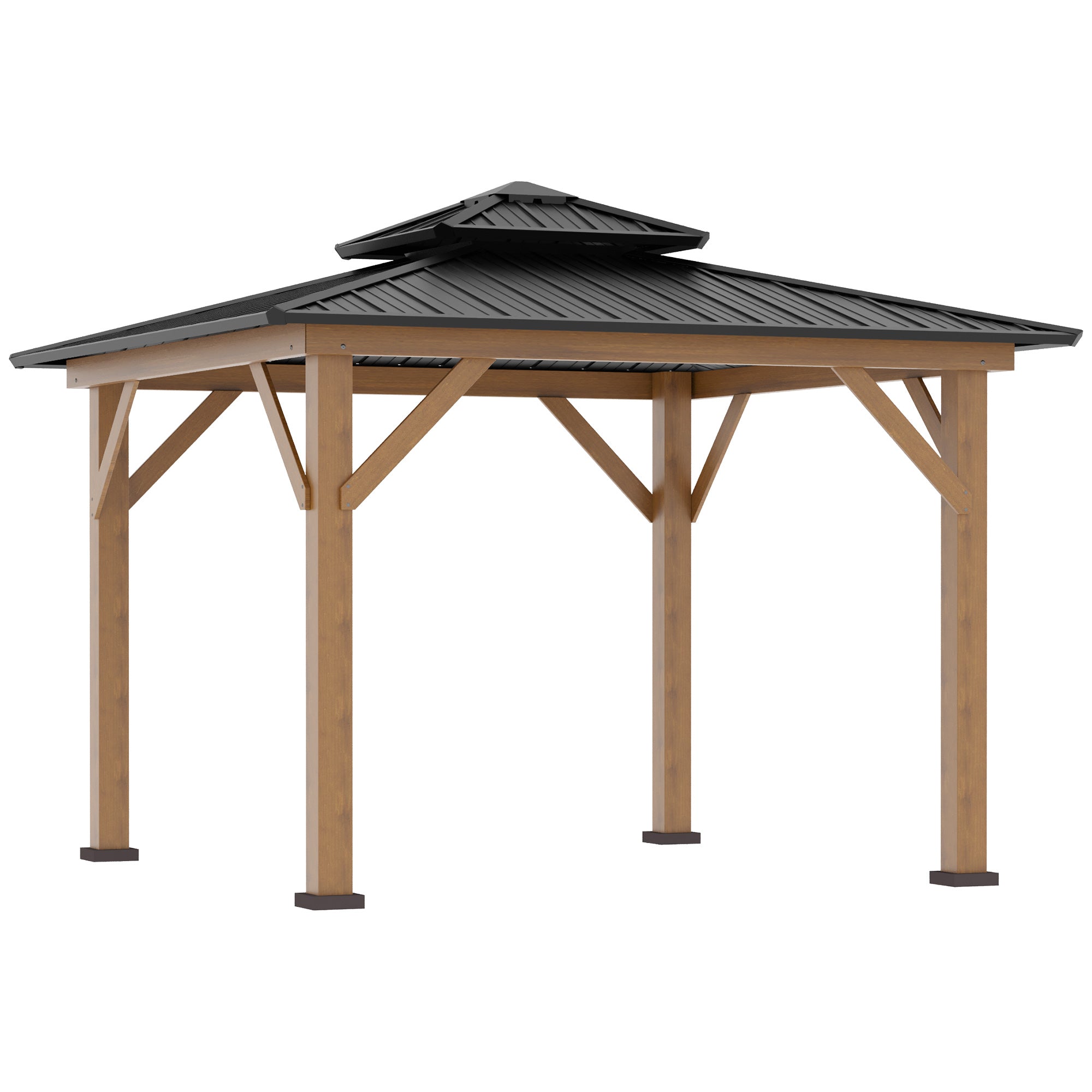 Outsunny 3.5 x 3.5m Outdoor Hardtop Gazebo Canopy with Two-tier Metal Roof and Solid Wood Frame Outdoor Patio Shelter for Patio, Garden, Grey - North Peak Garden Furniture