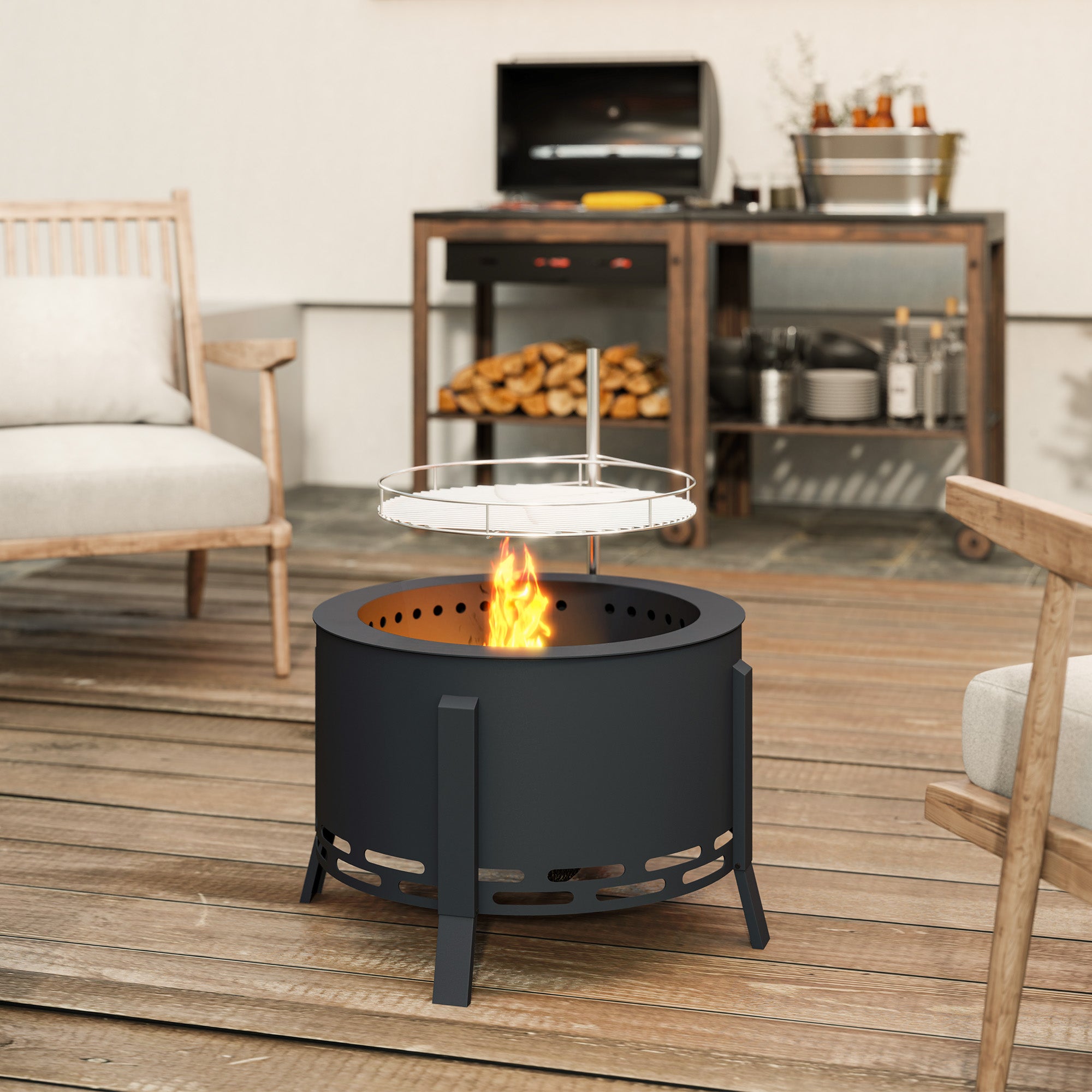 Outsunny Portable Fire Pit, 58 cm Round Firepit with Grill Grate, Fire Bowl with Ash Catcher and Poker, Fire Pit BBQ for Garden Camping Bonfire Picnic, Black - North Peak Garden Furniture