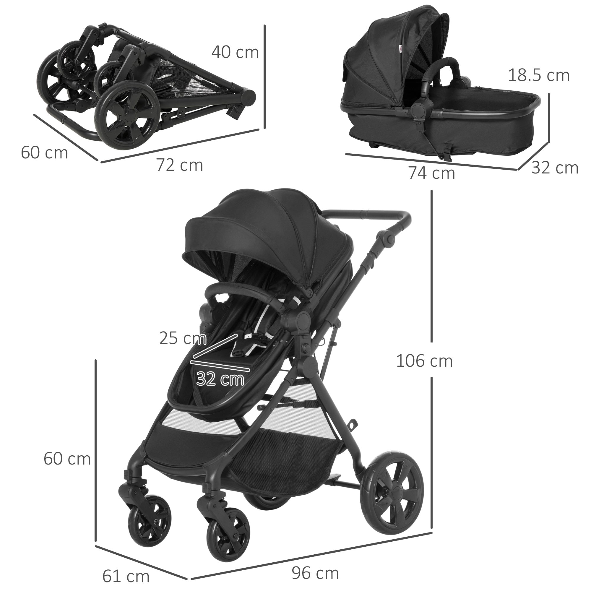 HOMCOM Foldable Baby Stoller, with Reclining Backrest, Adjustable Canopy, for Ages 0-36 Months - Black - North Peak Garden Furniture