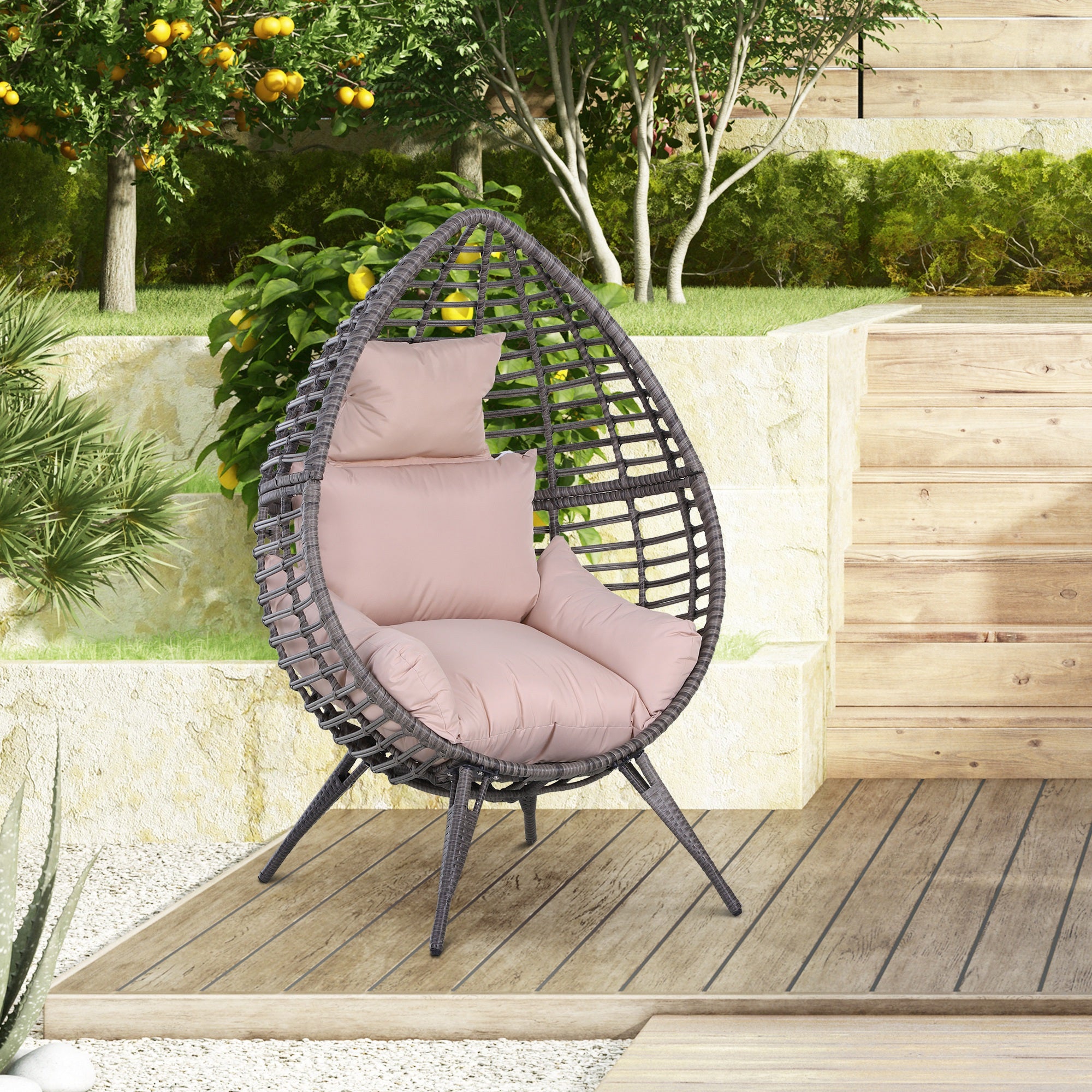 Outsunny Outdoor Egg Chair, PE Rattan Teardrop Chair with Full-body Soft Padded Cushion, Grey - North Peak Garden Furniture