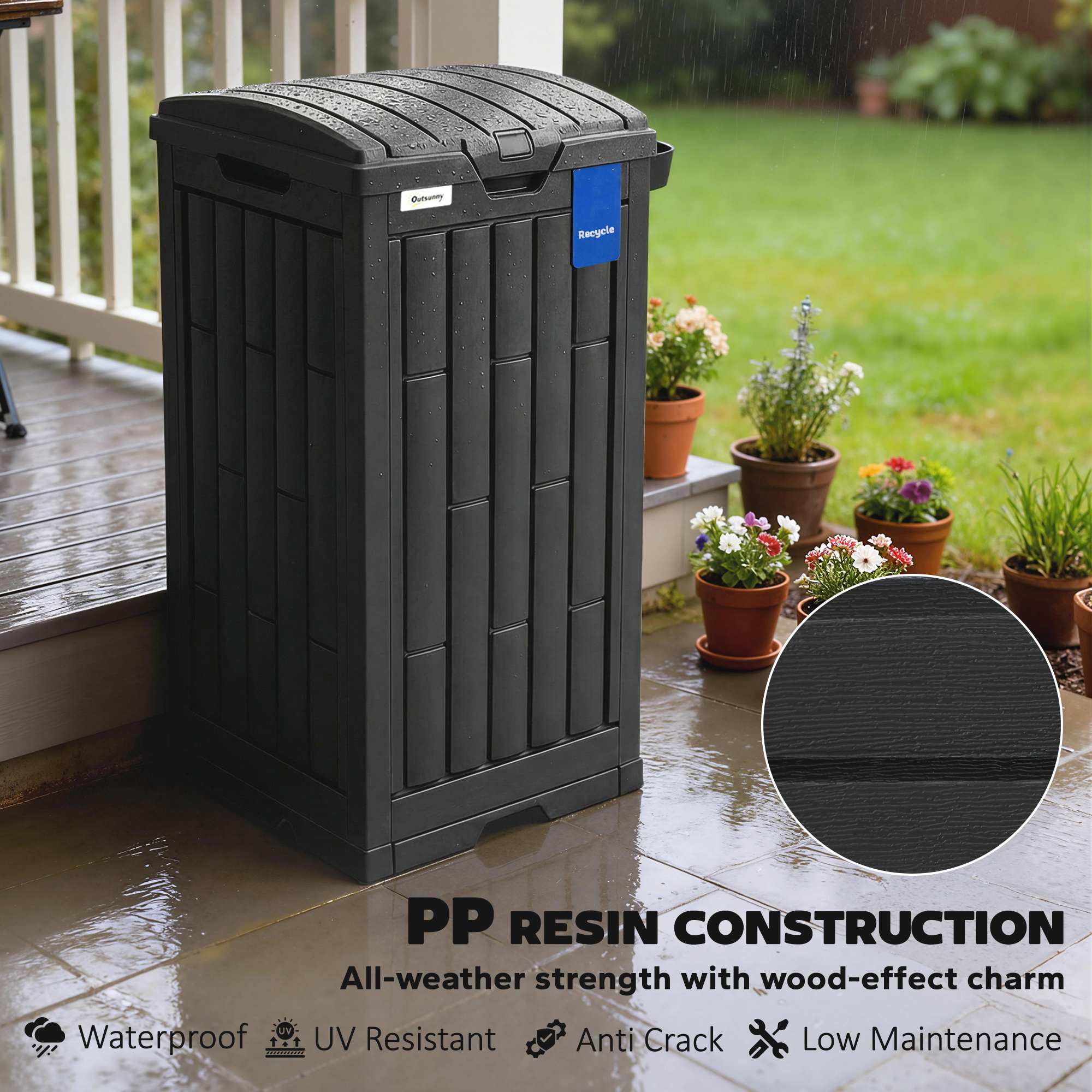 Outsunny 110 L Outdoor Bin with Dual Lid, Waterproof Plastic Trash Bin with Ashtray and Drip Tray, Garden Waste Trash Bin, Black