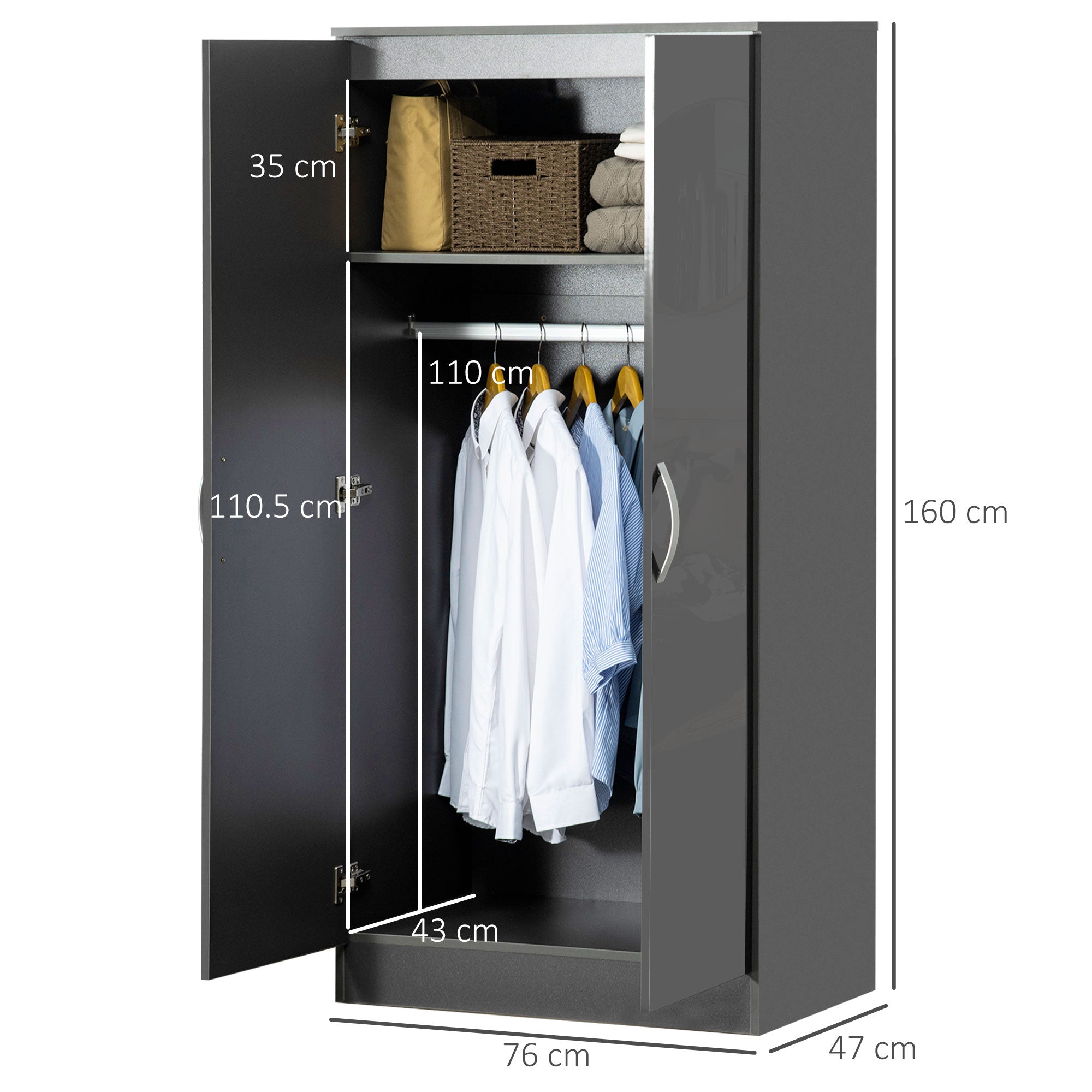 HOMCOM High Gloss Wardrobe, 2 Door Wardrobe with Hanging Rod and Storage Shelf, Clothes Storage Organizer with Anti-tipping Design for Bedroom, Grey - North Peak Garden Furniture