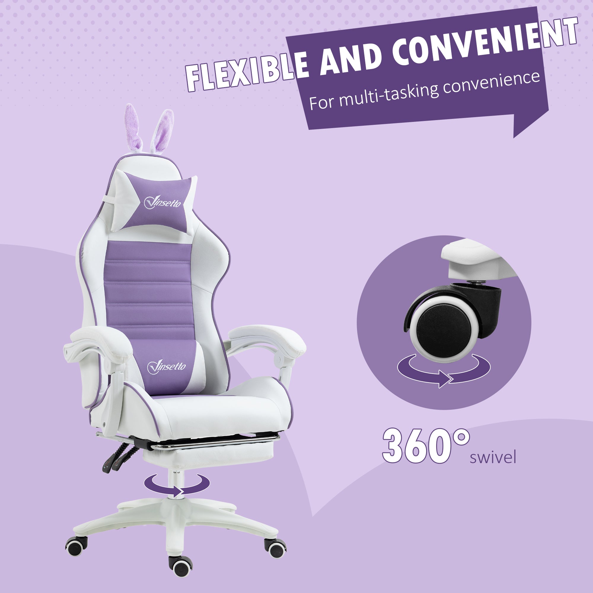 Vinsetto Racing Gaming Chair, Reclining PU Leather Computer Chair with Removable Rabbit Ears, Footrest, Headrest and Lumber Support, Purple - North Peak Garden Furniture