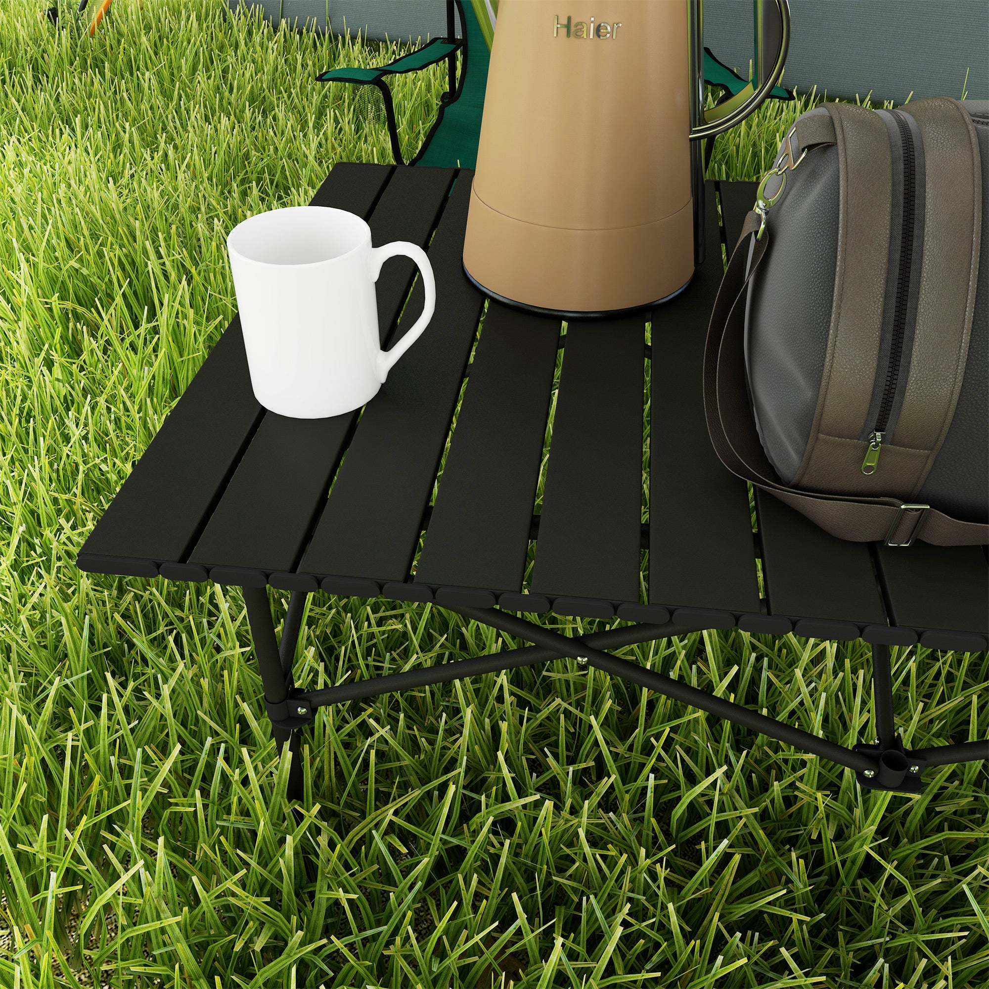 Outsunny Two-Seater Portable Aluminium Table, with Roll-Up Tabletop and Bag - Black - North Peak Garden Furniture