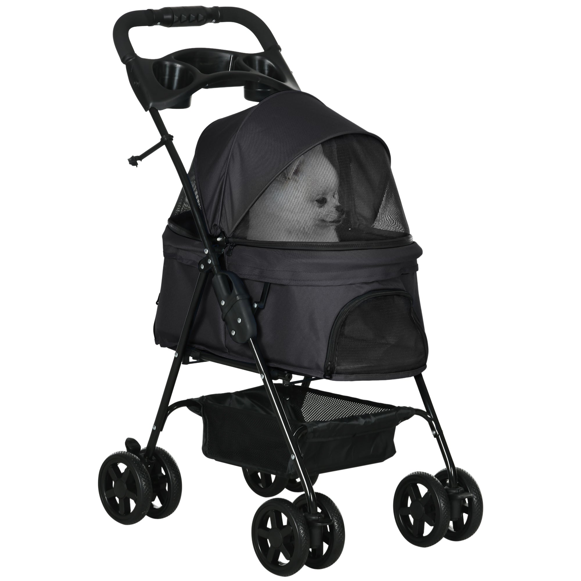 PawHut Dog Pram Dog Stroller Foldable Pet Pushchair with 4 Wheels, Safety Leashes, Cup Holder for Small Dogs, Black - North Peak Garden Furniture