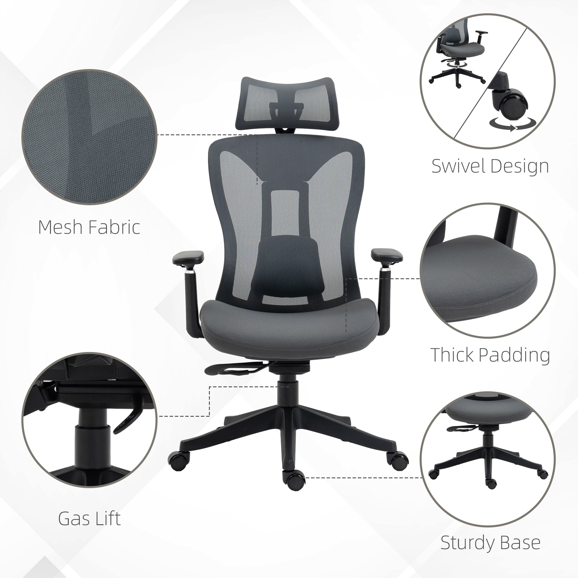 Vinsetto Mesh Office Chair, Ergonomic Desk Chair, Computer Chair with Adjustable Headrest and Lumbar Support, 135° Reclining Back and 3D Armrest for Home Office Study, Grey - North Peak Garden Furniture