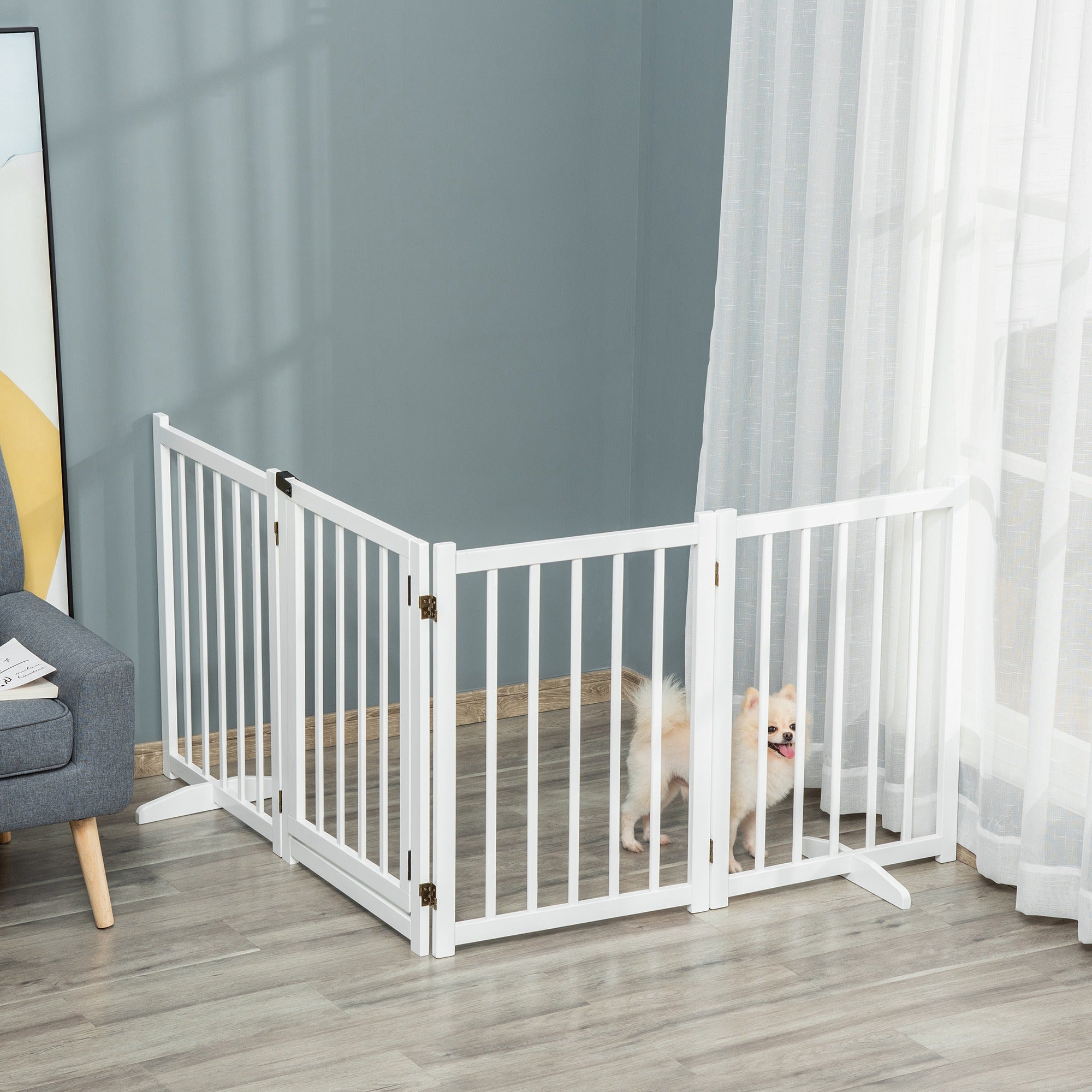 PawHut Freestanding Pet Gate for Small and Medium Dogs, Wooden Foldable Dog Safety Barrier with 4 Panels, 2 Support Feet, 80 cm Tall for Doorways, Stairs White - North Peak Garden Furniture