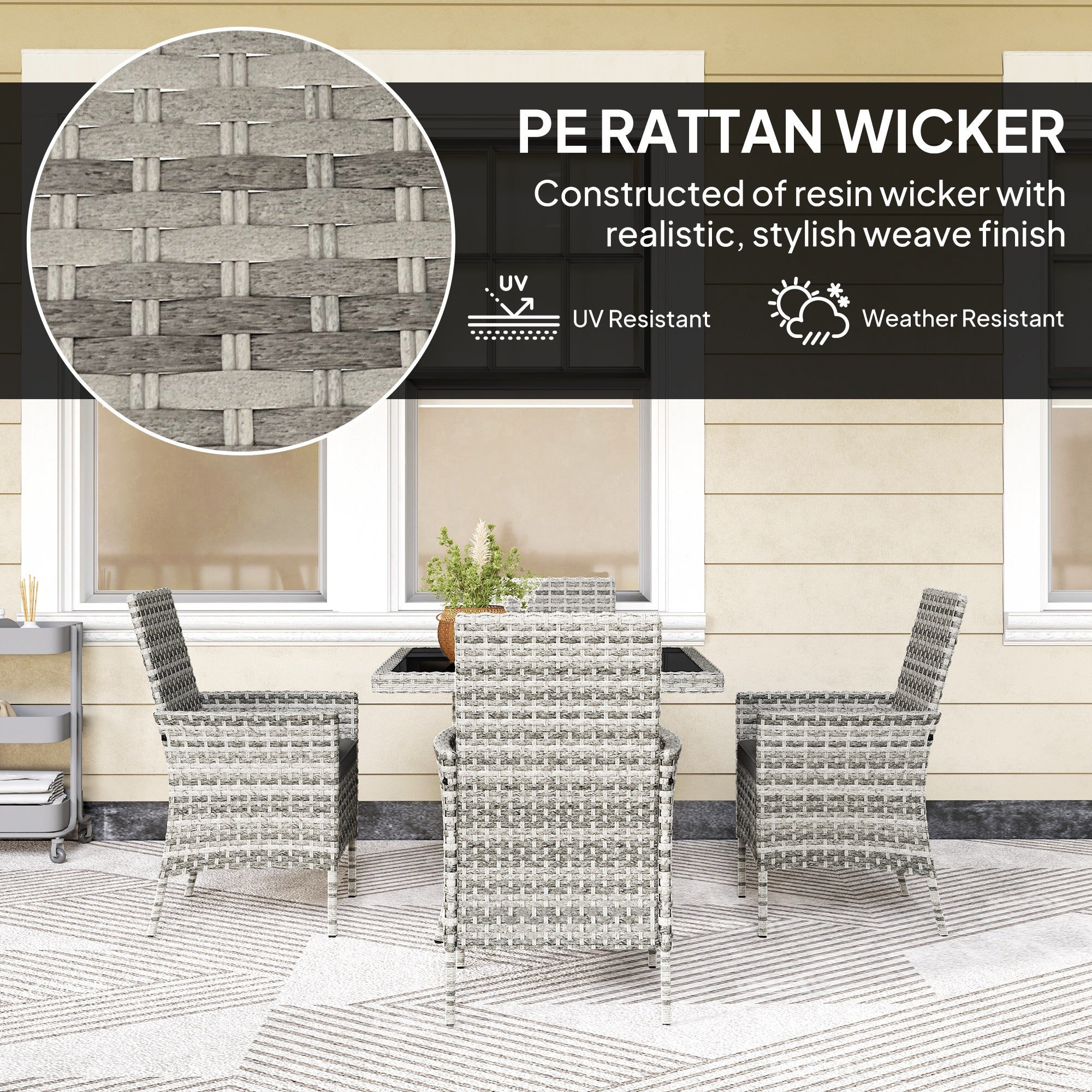 Outsunny Rattan Garden Furniture Set, Outdoor Dining Table and Chairs 4 Seater with Cushions, Square Tempered Glass Top, 4 Armchairs, for Balcony, Terrace, Conservatory, Mixed-Grey - North Peak Garden Furniture