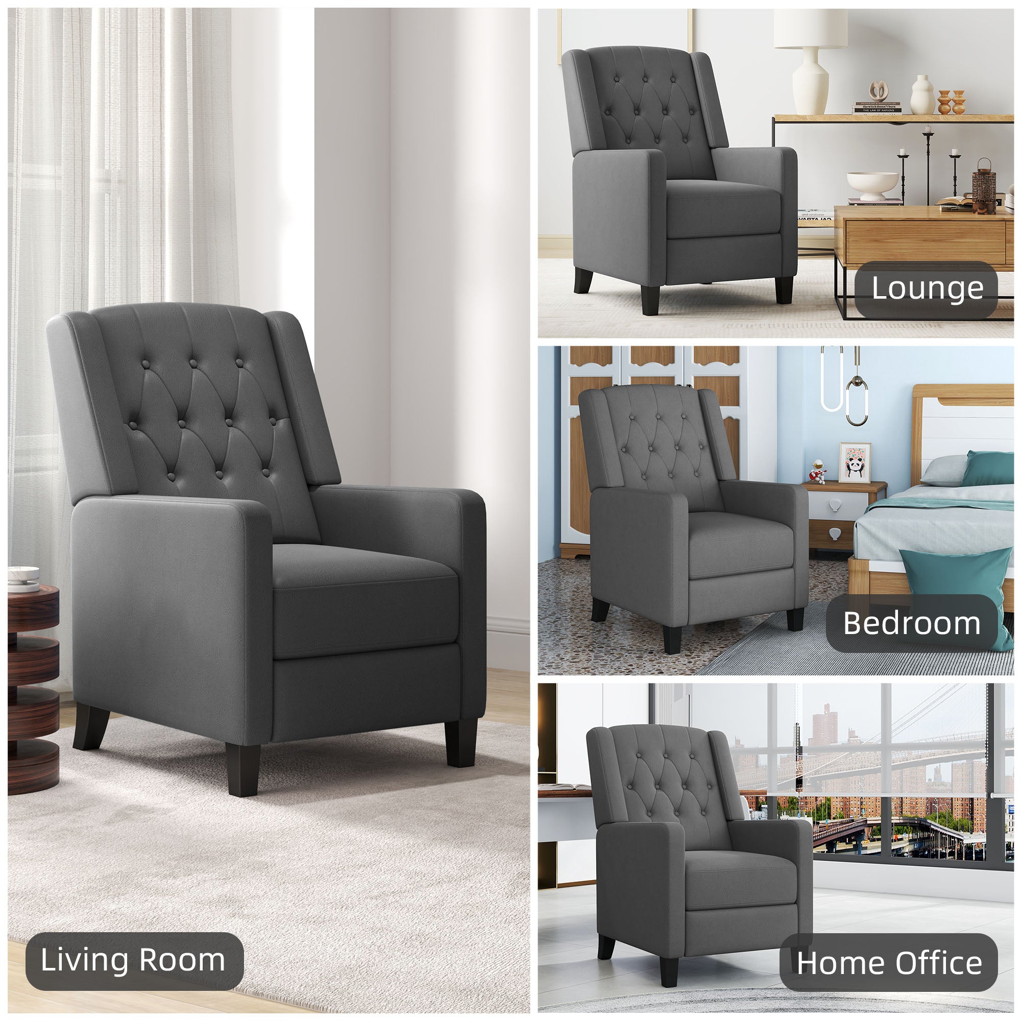 HOMCOM Wingback Recliner Chair for Home Theater, Button Tufted Microfibre Cloth Reclining Armchair with Leg Rest, Deep Grey - North Peak Garden Furniture