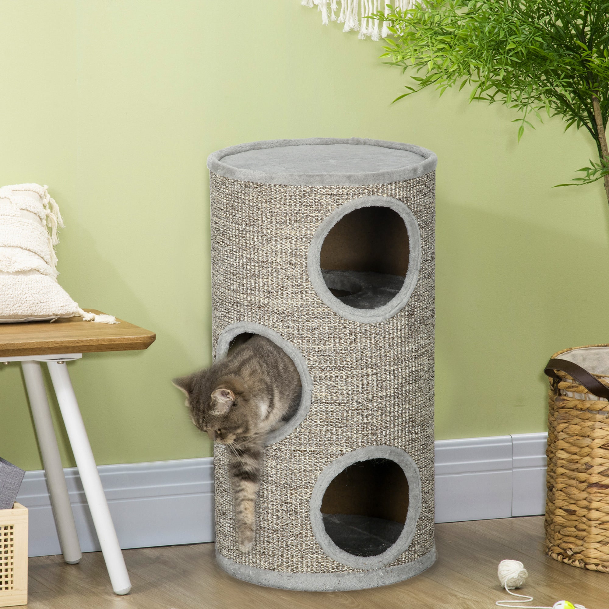 PawHut Cat Climbing Frame, Covered with Sisal, Cosy Platform - Light Grey - North Peak Garden Furniture