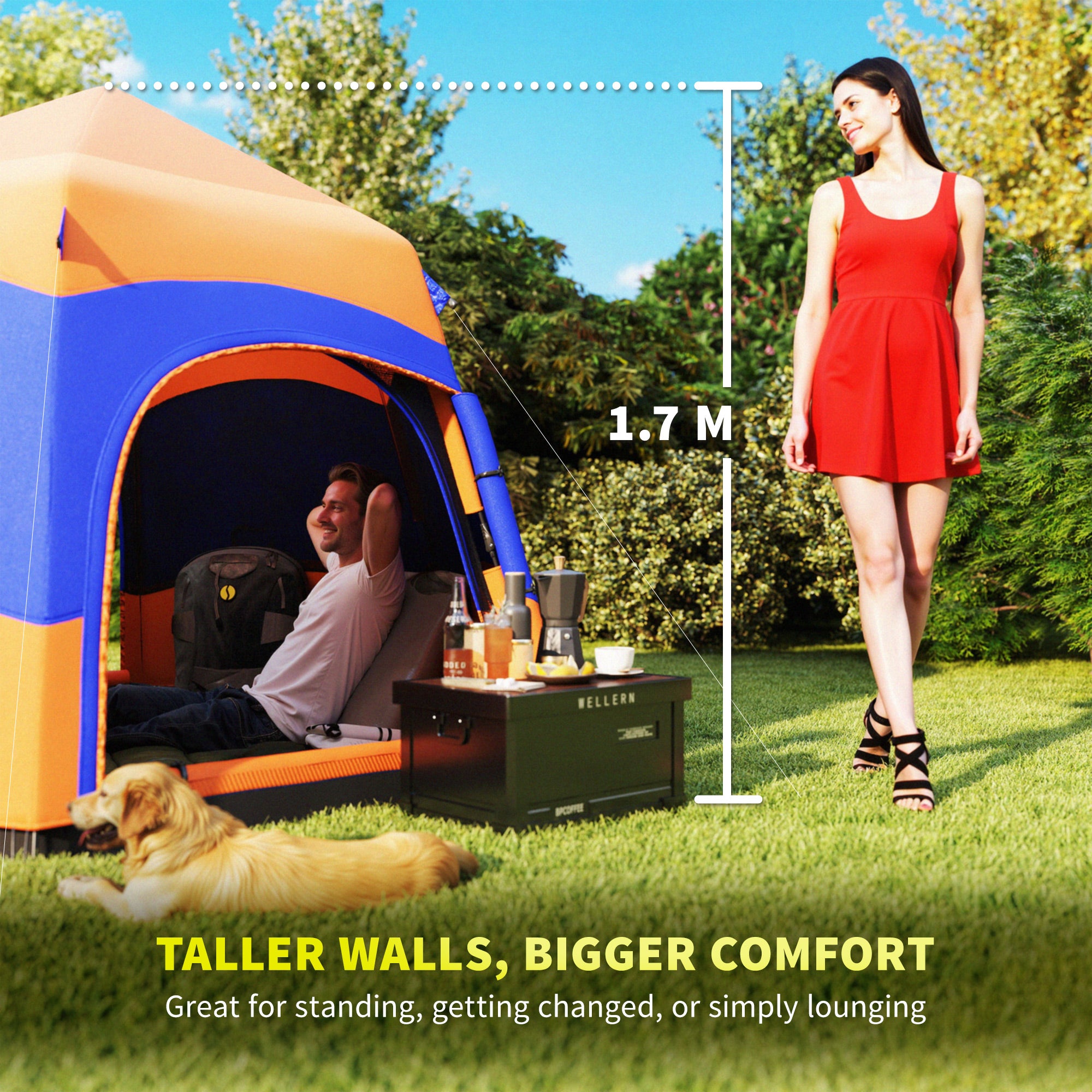 Outsunny Double Layer Dome Tent with Rainfly and Welded Floor, 4 Man Hexagon Pop Up Tent, Portable Camping Shelter with Hang Hook and Carry Bag, for Festival Hiking Family, Orange and Blue