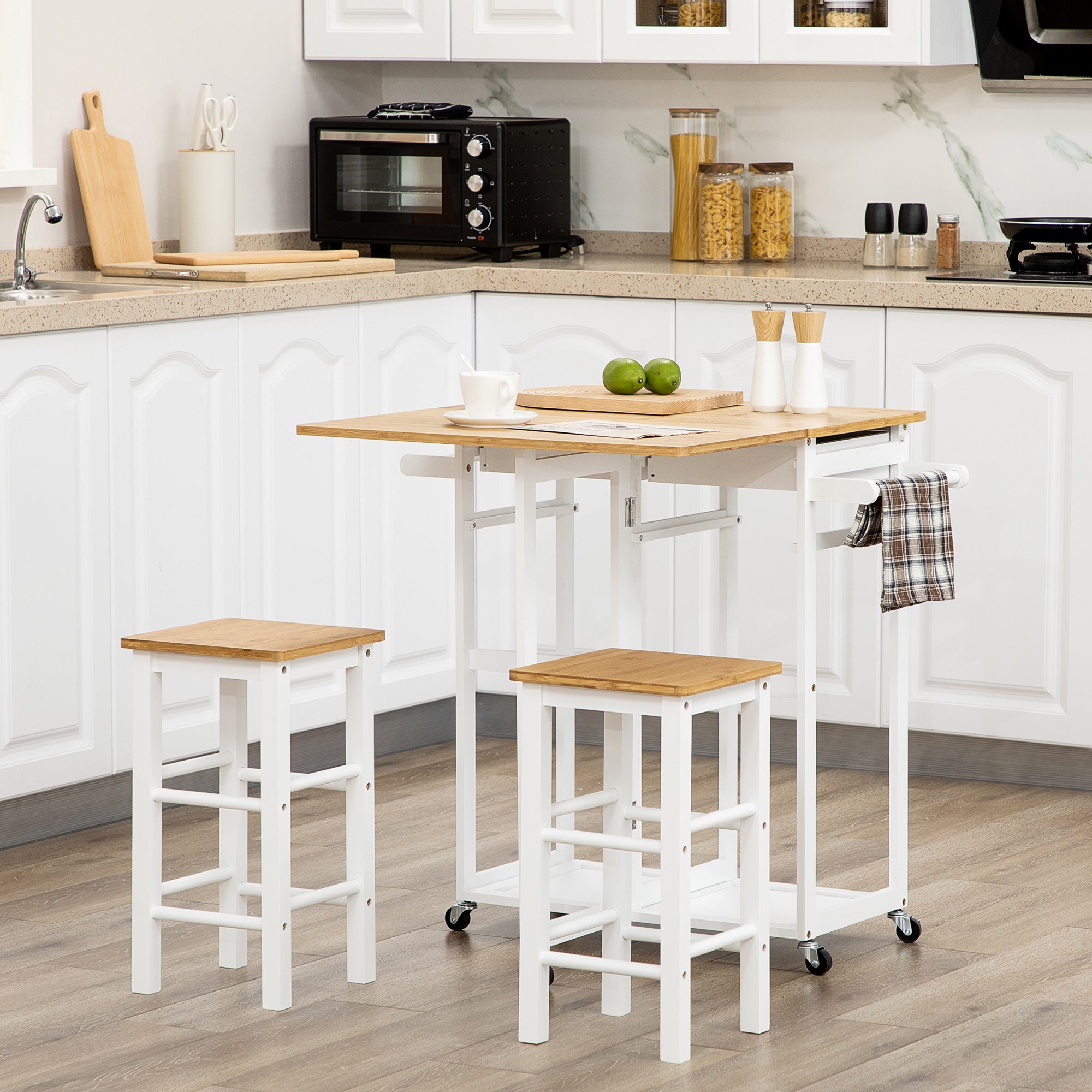 HOMCOM Kitchen Island Set with 2 Stools, Bamboo Breakfast Cart with Drop Leaf Top, Drawers and Towel Rack, Rolling Kitchen Cart and Chairs Set, White