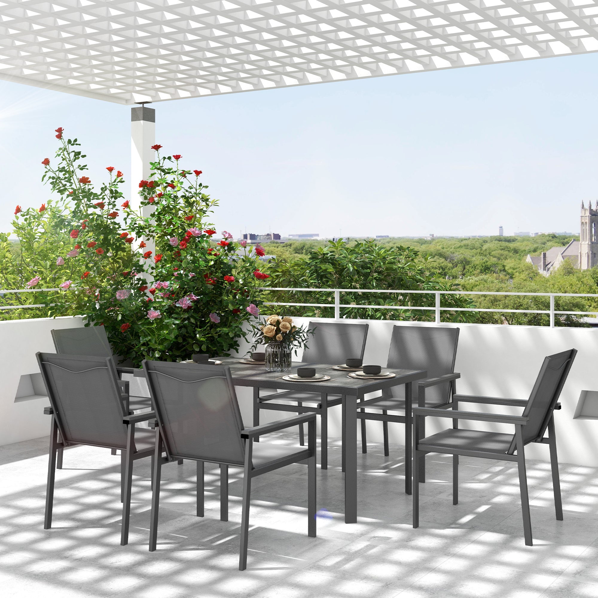 Outsunny Seven-Piece Metal Dining Set, with Glass-Top Table - Grey - North Peak Garden Furniture