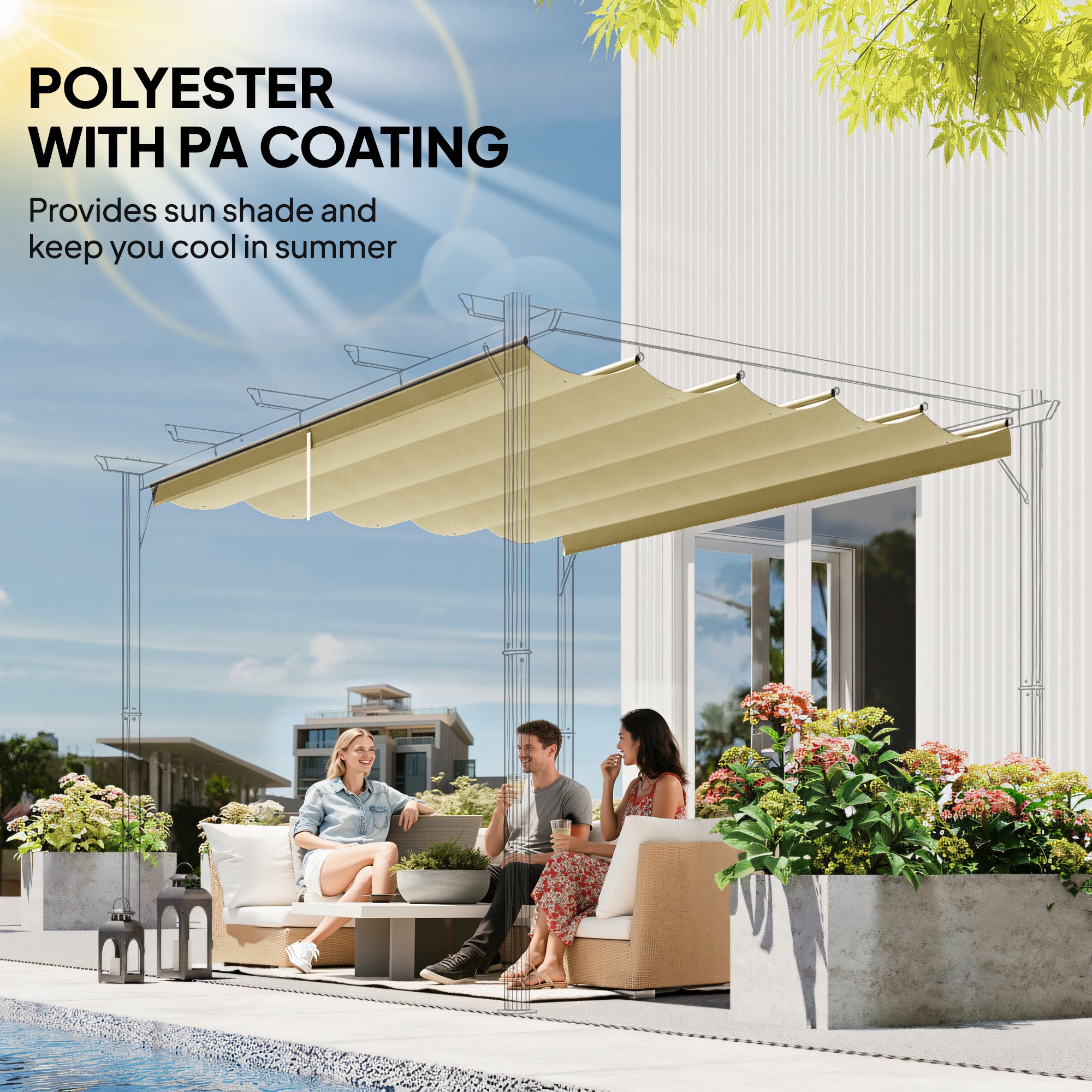 Outsunny Retractable Pergola Shade Cover, Replacement Canopy for 4 x 3 (m) Pergola, Retractable Roof, Beige