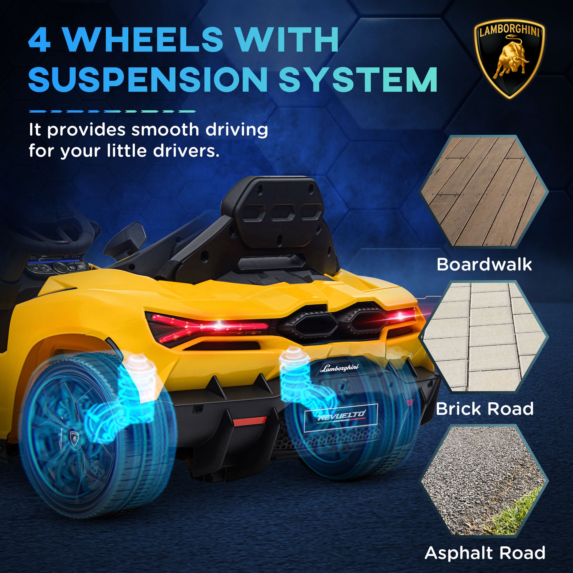 AIYAPLAY Lamborghini Revuelto Licensed 12V Ride on Car w/ Butterfly Doors, Transport Wheels, Suspension, Remote Control, Yellow - North Peak Garden Furniture