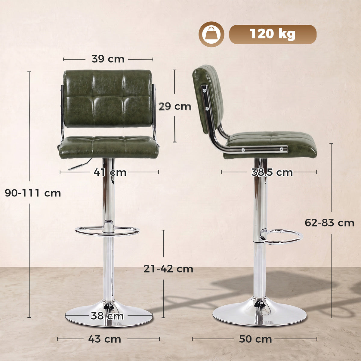 HOMCOM Bar Stools Modern PU Leather Adjustable Breakfast Bar Stools Backrest Set of 2 Green