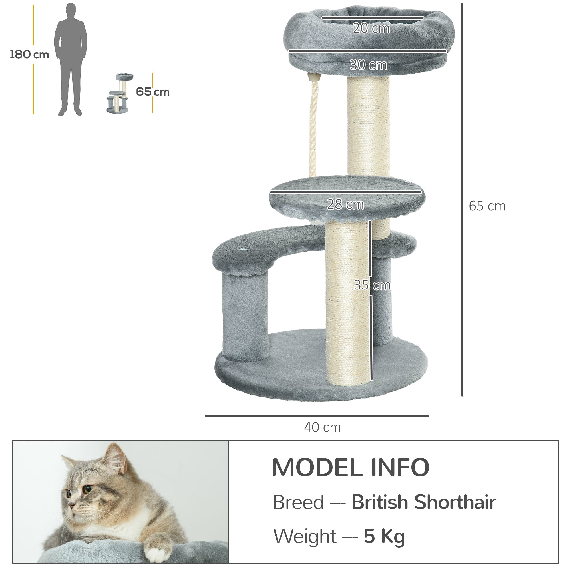 PawHut 65cm Cat Tree, Cat Tower for Kittens, Small Cat Condo with Sisal Scratching Posts, Hanging Rope, Perches - Grey