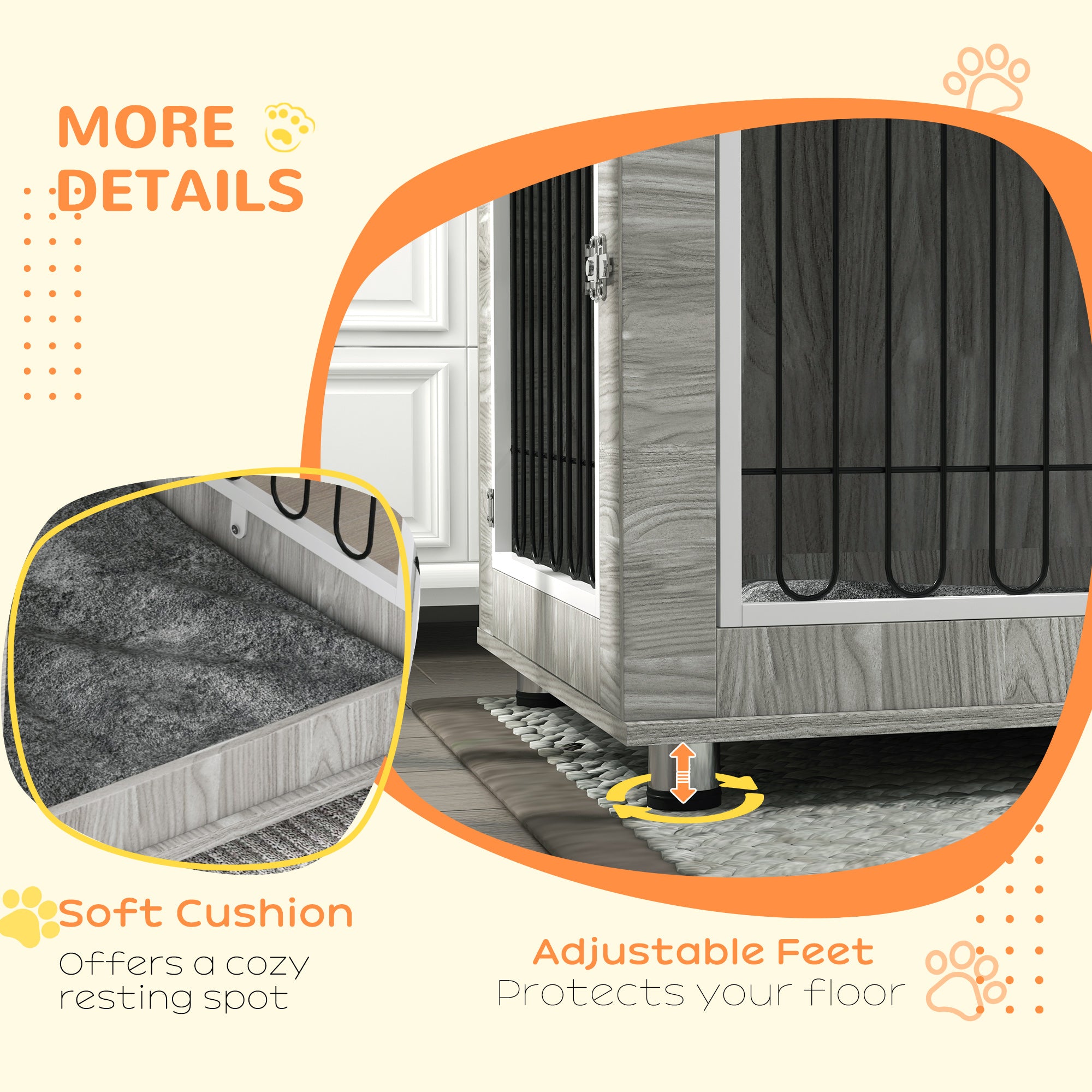 PawHut Indoor Dog Kennel w/ Soft Cushion, Double Door for Large Dogs, 106 x 74 x 81.5cm, Grey - North Peak Garden Furniture