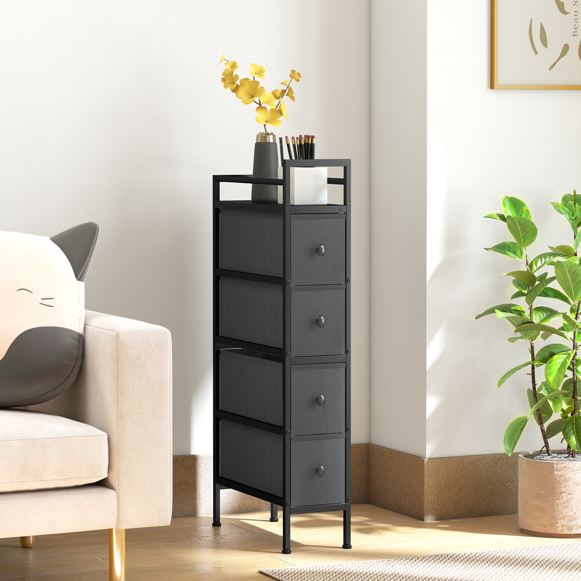 HOMCOM 4 Drawer Fabric Dresser Chest of Drawers, Slim Storage Cabinet with Steel Frame for Small Spaces, Bedroom, Black