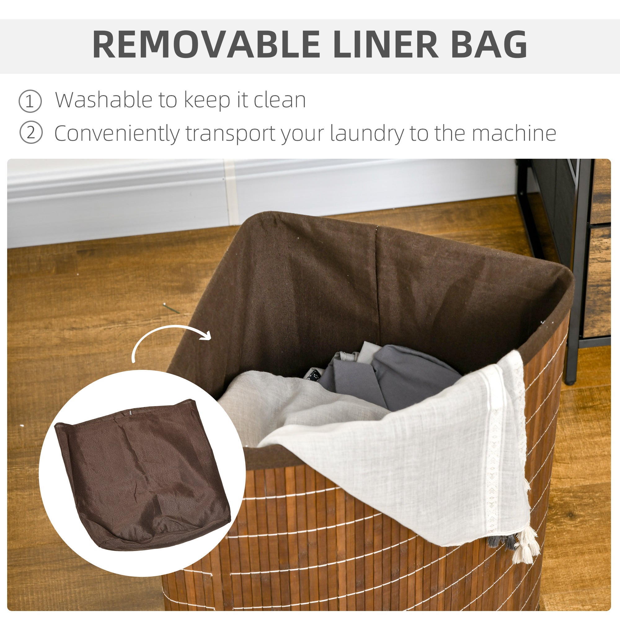HOMCOM Bamboo Laundry Basket with Lid, 55 Litres Laundry Hamper with Removable Washable Lining, Corner Washing Baskets, 38 x 38 x 57cm, Brown - North Peak Garden Furniture